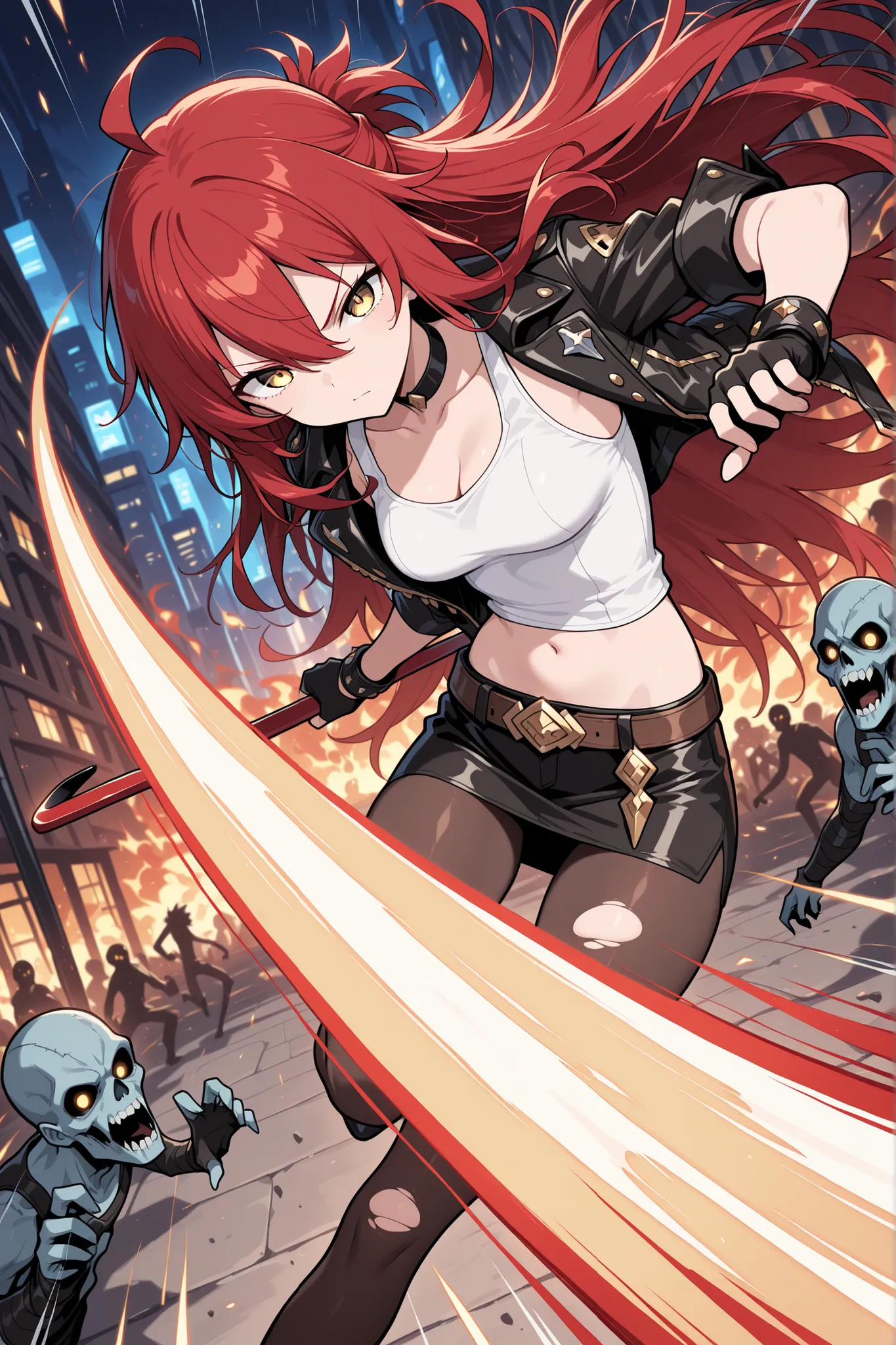 anime style, 1 girl , golden eyes , very long hair , long sidelocks, red hair ,half updo, petite , very cute , beautiful ,Straight hair, cool, handsome, hair between eyes, sexy, medium breasts, messy hair, leather jacket, navel, miniskirt, white tank top ,...
