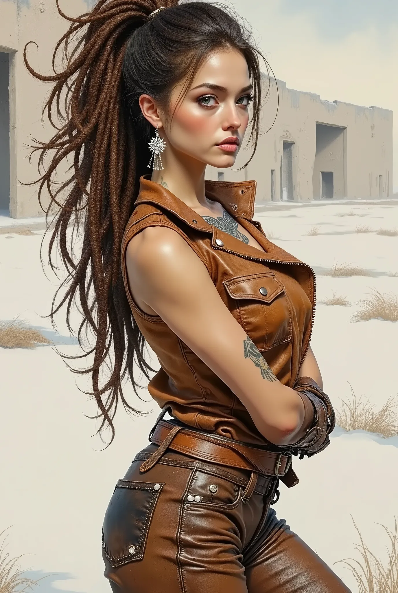 Realistic digital art. Realistic image of an unreal apocalypse girl. She stands with her head slightly turned towards the viewer. A very beautiful, slender, muscular European-type girl. Pale skin. Beautiful, big turquoise eyes. The look is incredulous and ...