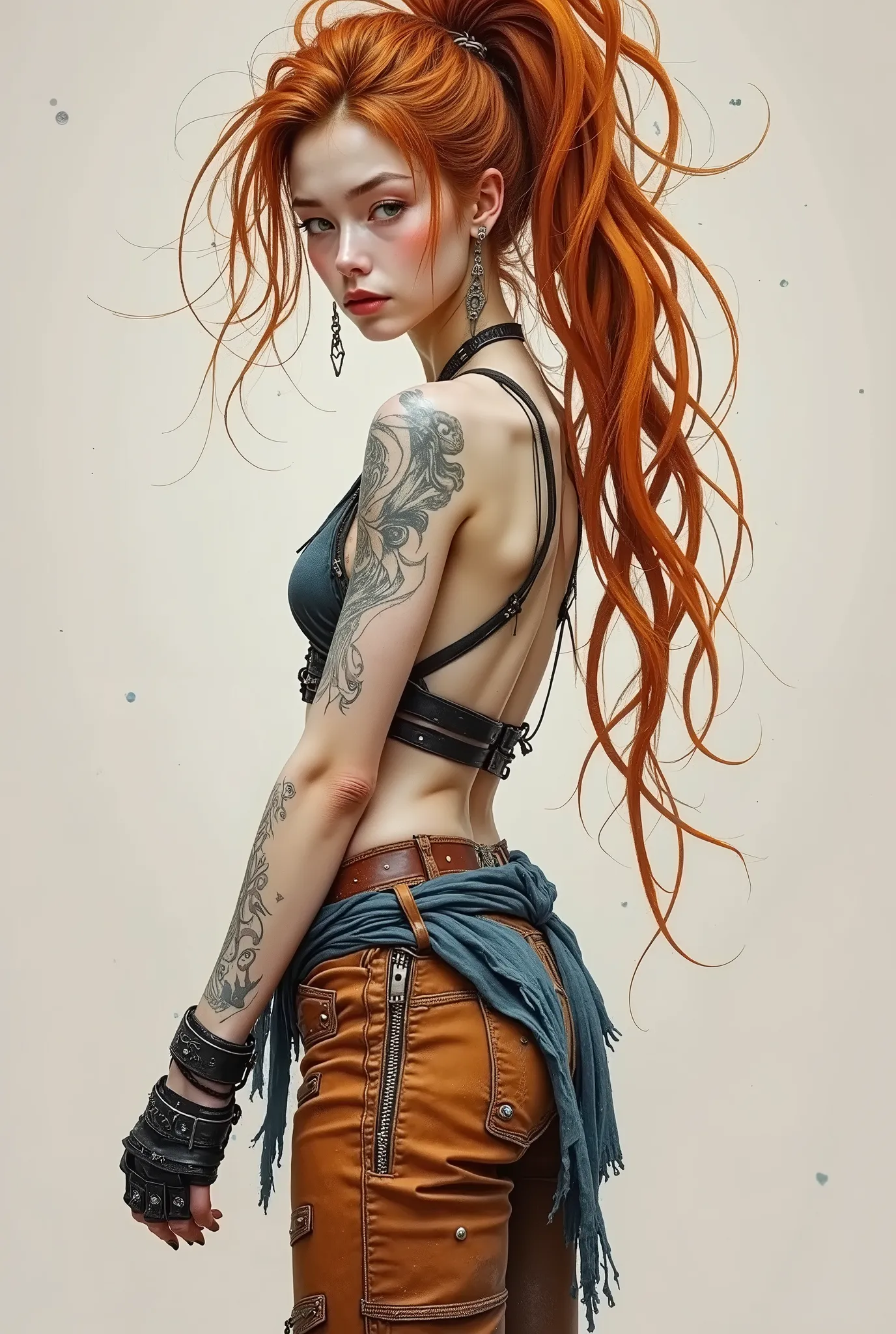 Realistic digital art. Realistic image of an unreal apocalypse girl. She stands with her head slightly turned towards the viewer. A very beautiful, slender, muscular European-type girl. Pale skin. Beautiful, big turquoise eyes. The look is incredulous and ...