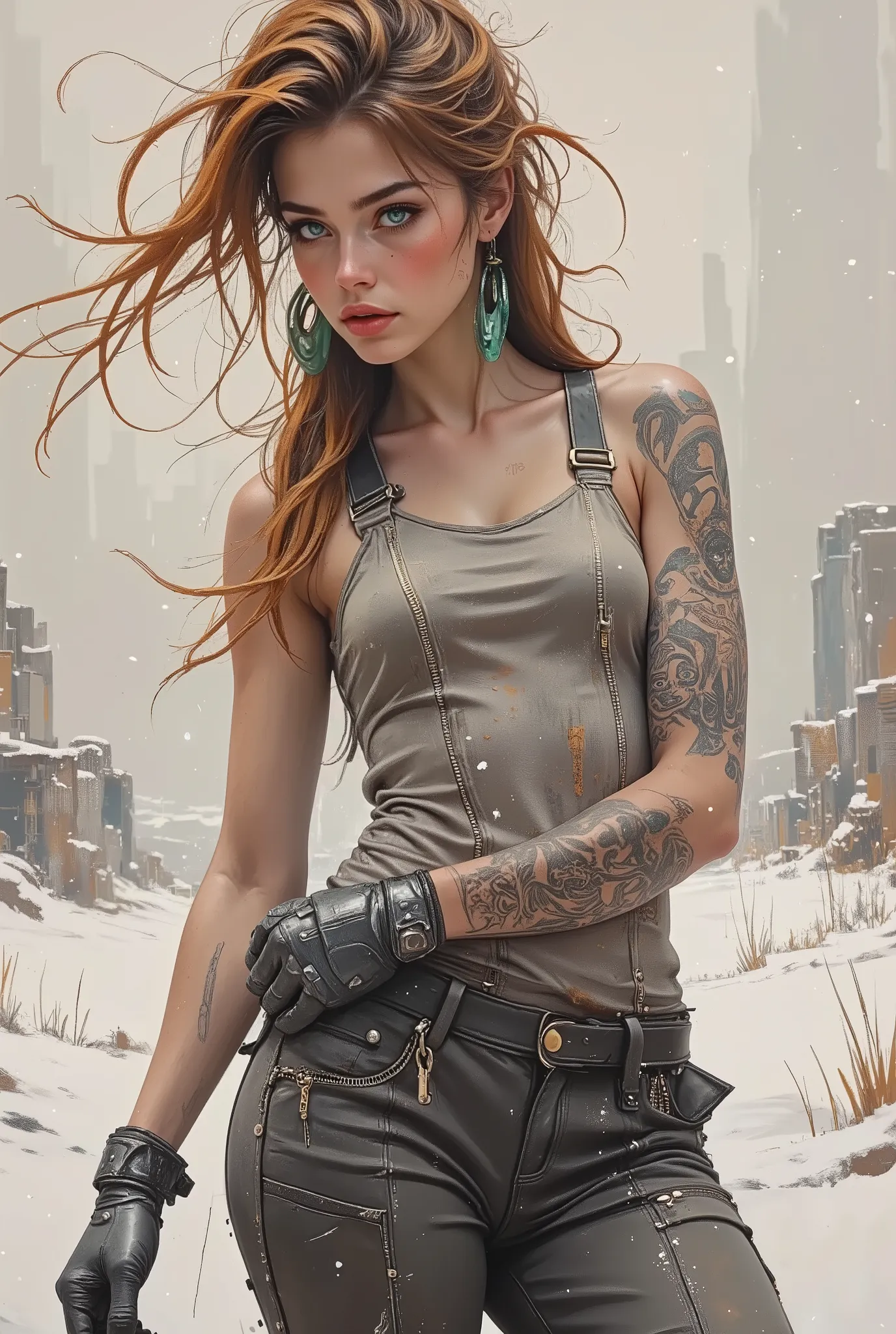 Realistic digital art. Realistic image of an unreal apocalypse girl. She stands with her head slightly turned towards the viewer. A very beautiful, slender, muscular European-type girl. Pale skin. Beautiful, big turquoise eyes. The look is incredulous and ...