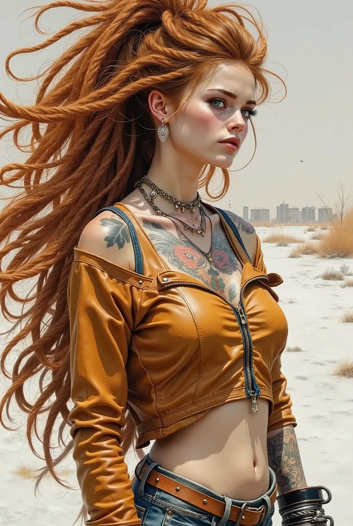 Realistic digital art. Realistic image of an unreal apocalypse girl. She stands with her head slightly turned towards the viewer. A very beautiful, slender, muscular European-type girl. Pale skin. Beautiful, big turquoise eyes. The look is incredulous and ...