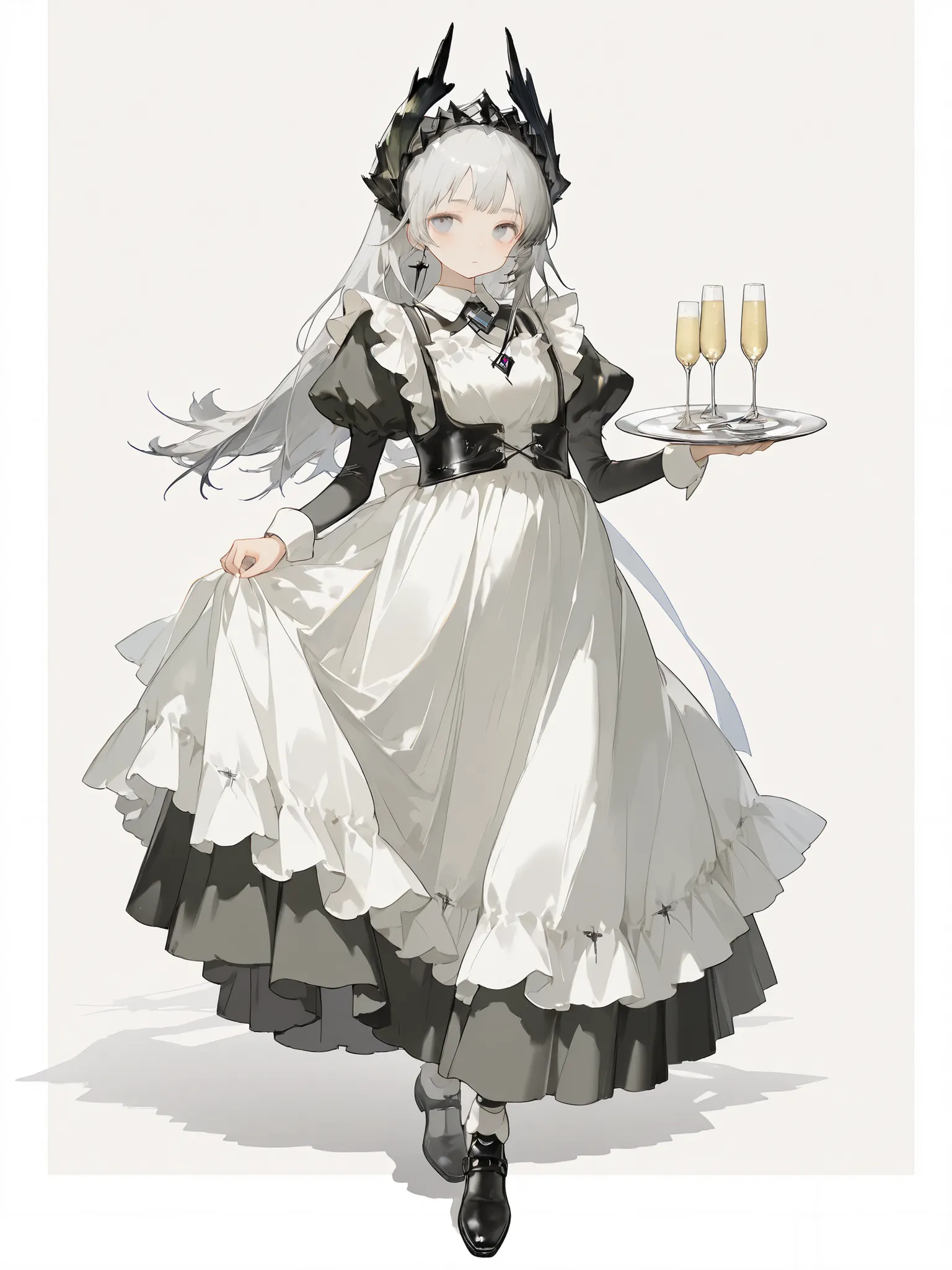 Super Detailed,(best quality),((masterpiece)),(high resolution),original,extremely,irene,1girl,(\Alini\),(\arknight\),Gray long hair,(There is a vertical scar on the left eye)+(Scar ),Baby fat face,traditional English maid costume,Maid Uniform,black long s...