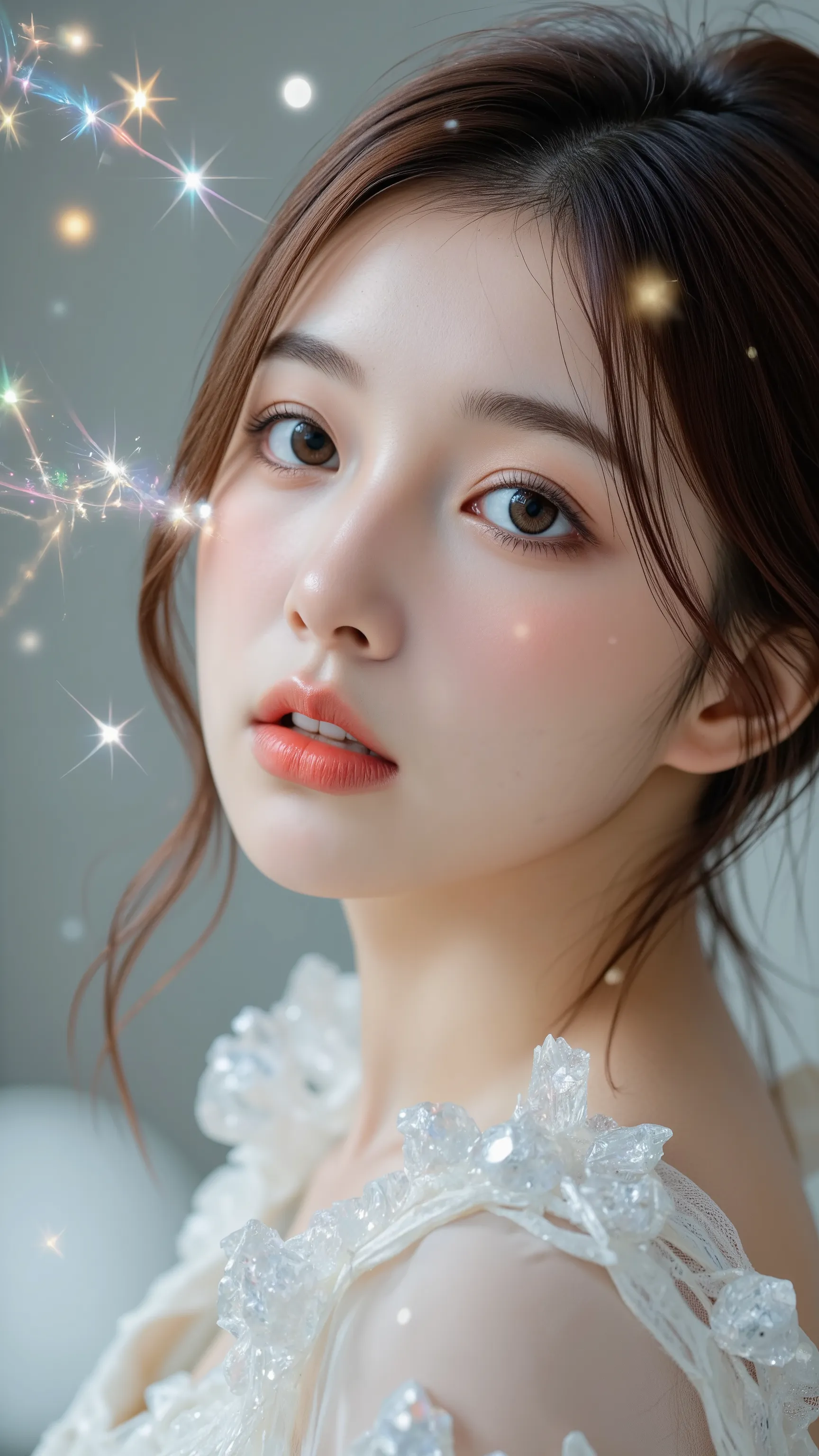 A beautiful woman with crystal makeup. Crystals sparkle in her eyes and she is surrounded by them. Her skin shines like moonlight. The background is an abstract silvery glowing space with gold accents. High resolution photography, exquisite details, soft l...