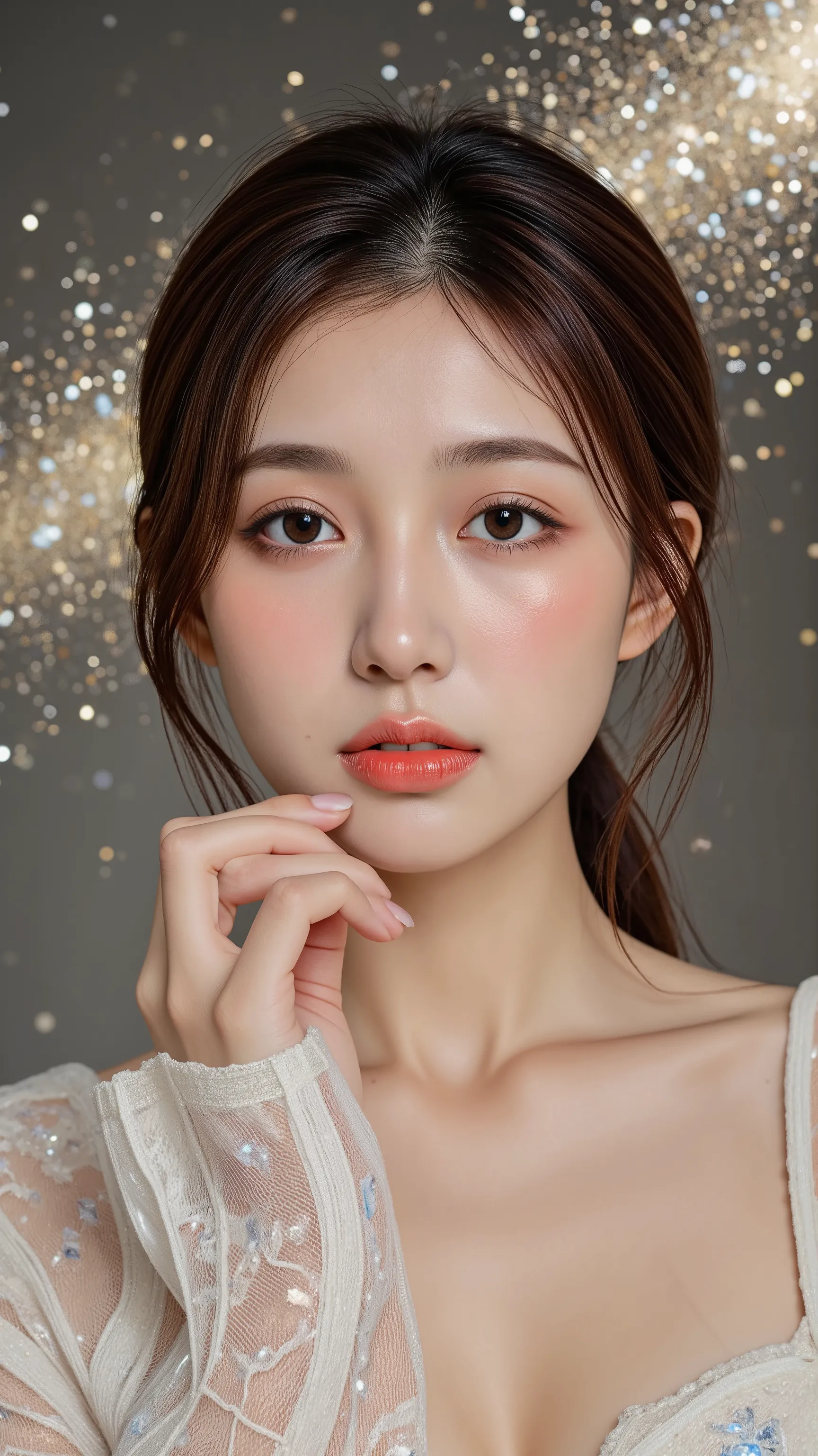 A beautiful woman with crystal makeup. Crystals sparkle in her eyes and she is surrounded by them. Her skin shines like moonlight. The background is an abstract silvery glowing space with gold accents. High resolution photography, exquisite details, soft l...