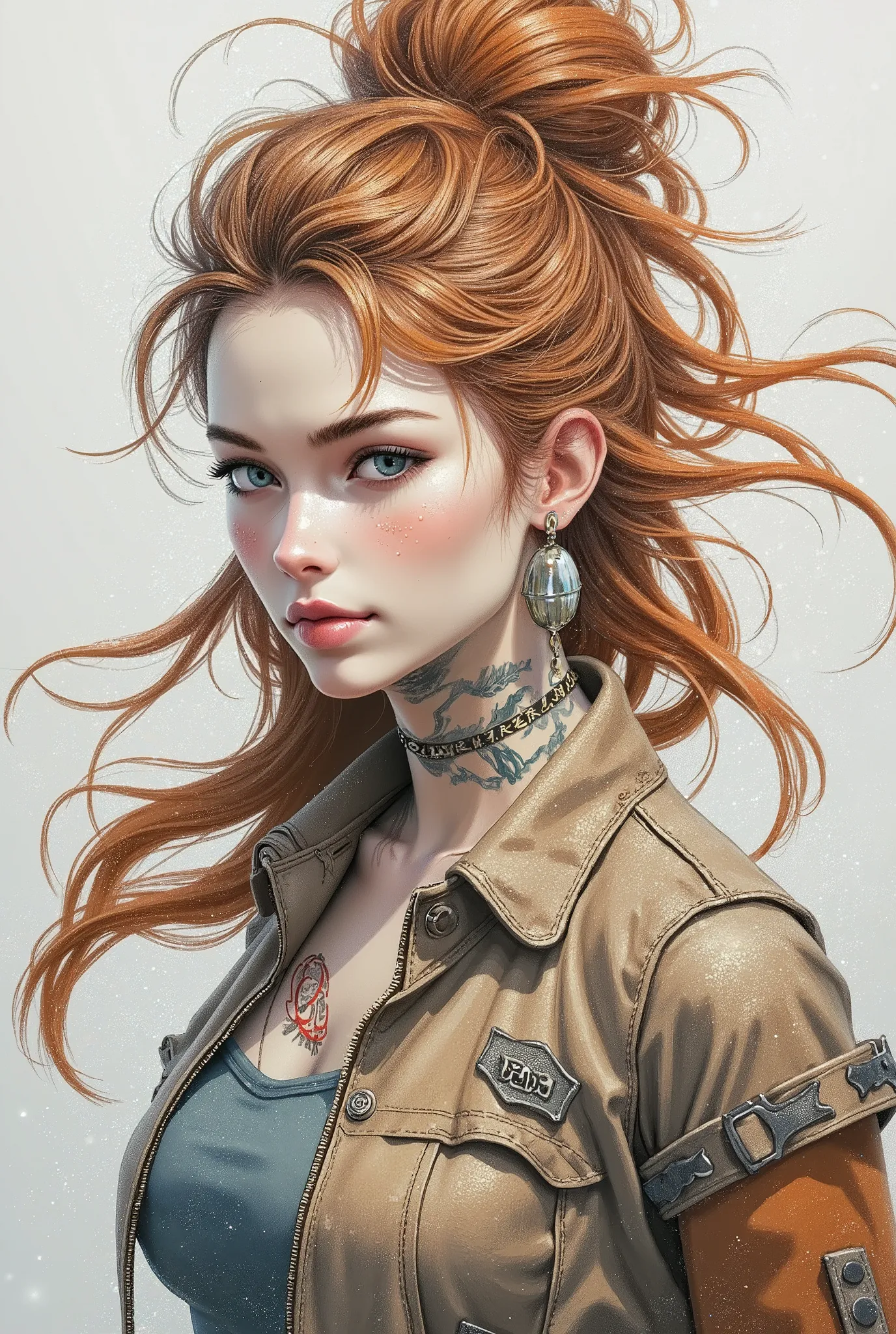 Realistic digital art. Realistic image of an unreal apocalypse girl. She stands with her head slightly turned towards the viewer. A very beautiful, slender, muscular European-type girl. Pale skin. Beautiful, big turquoise eyes. The look is incredulous and ...
