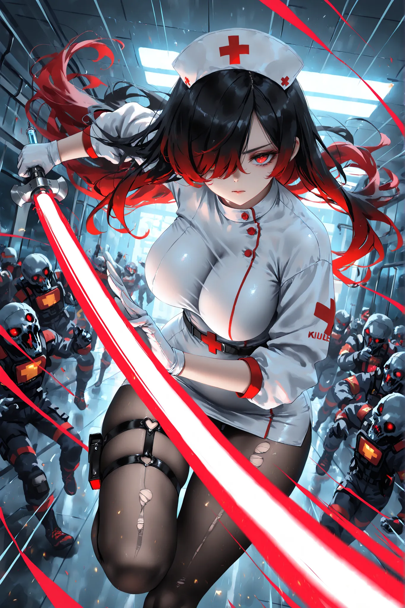 wlop, rella, anime style, 1 girl, Kuroki Monika, red eyes, gradient hair, black hair, red hair, long hair, asymmetrical hairline, hair over right eye, ((large breasts)), (petite but curvy), very cute, lovely , nurse outfit,, miniskirt, cleavages , torn sto...