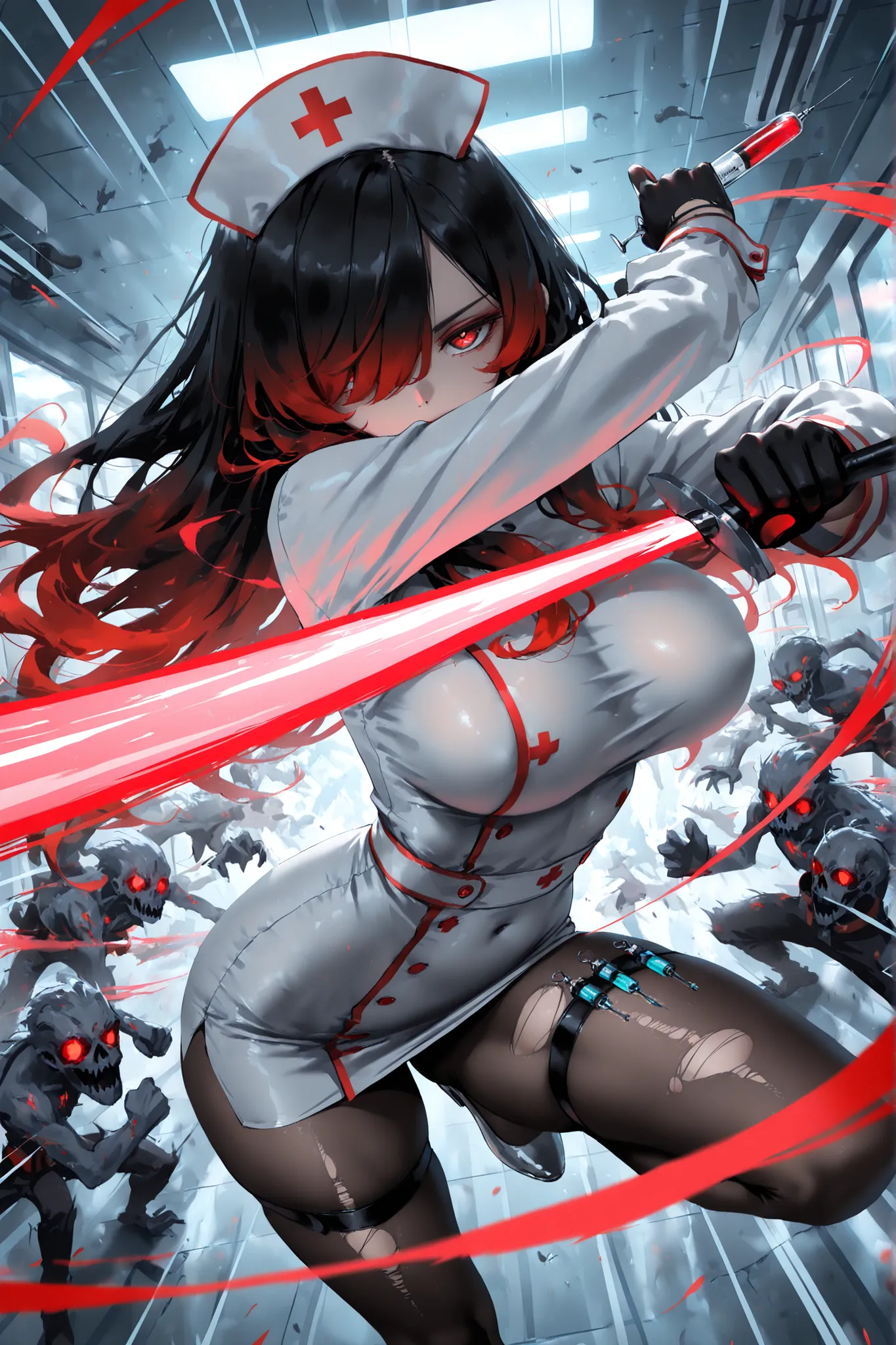 wlop, rella, anime style, 1 girl, Kuroki Monika, red eyes, gradient hair, black hair, red hair, long hair, asymmetrical hairline, hair over right eye, ((large breasts)), (petite but curvy), very cute, lovely , nurse outfit,, miniskirt, cleavages , torn sto...