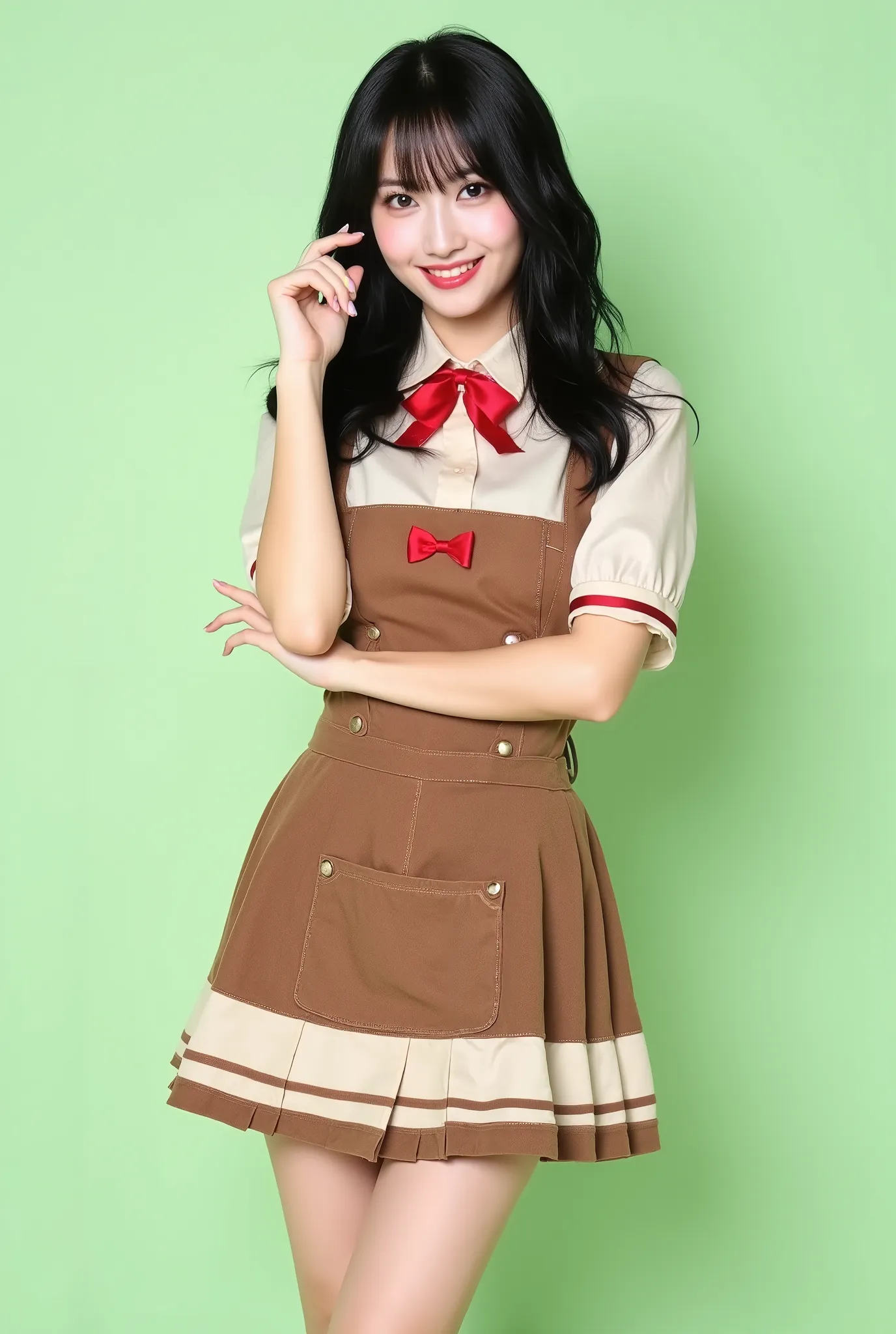 Create a portrait of a very beautiful Japanese singer with a slender figure, medium bust, and slim legs. She has medium-length hair and is dressed in a Western-themed saloon waitress outfit, featuring a skirt with a small apron design, without a hat. She s...