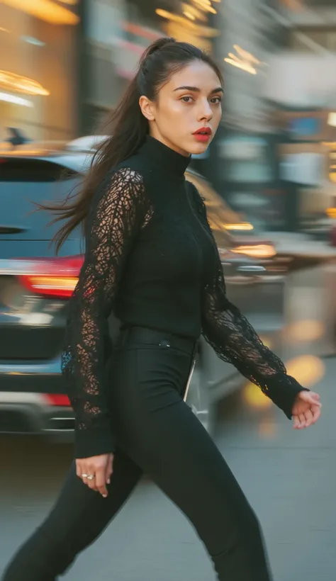 A beautiful woman, walking in the middle of the city,  eats candy ,  front facing, using a black open knit jacket with a black turtle neck tank top, black trousers, big , red lips, black ponytail hair
