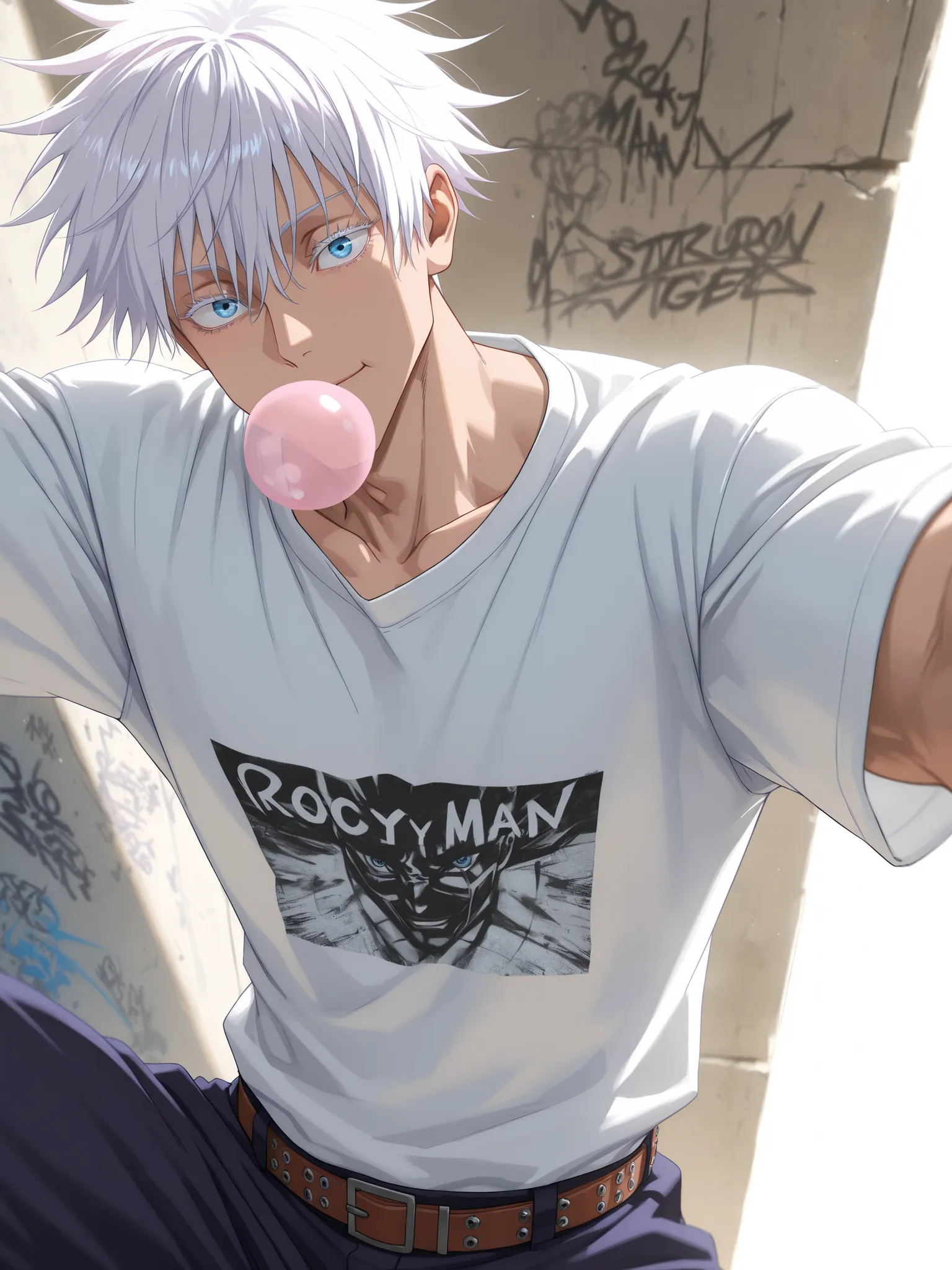 (masterpiece, best quality), amazing quality, very aesthetic, absurdres, highres, newest, HDR, 8K, anime style, cinematic, professional lighting, backlighting, dynamic angle, 1man, adult, male focus, gojou satoru, jujutsu kaisen, white hair, short hair, ((...