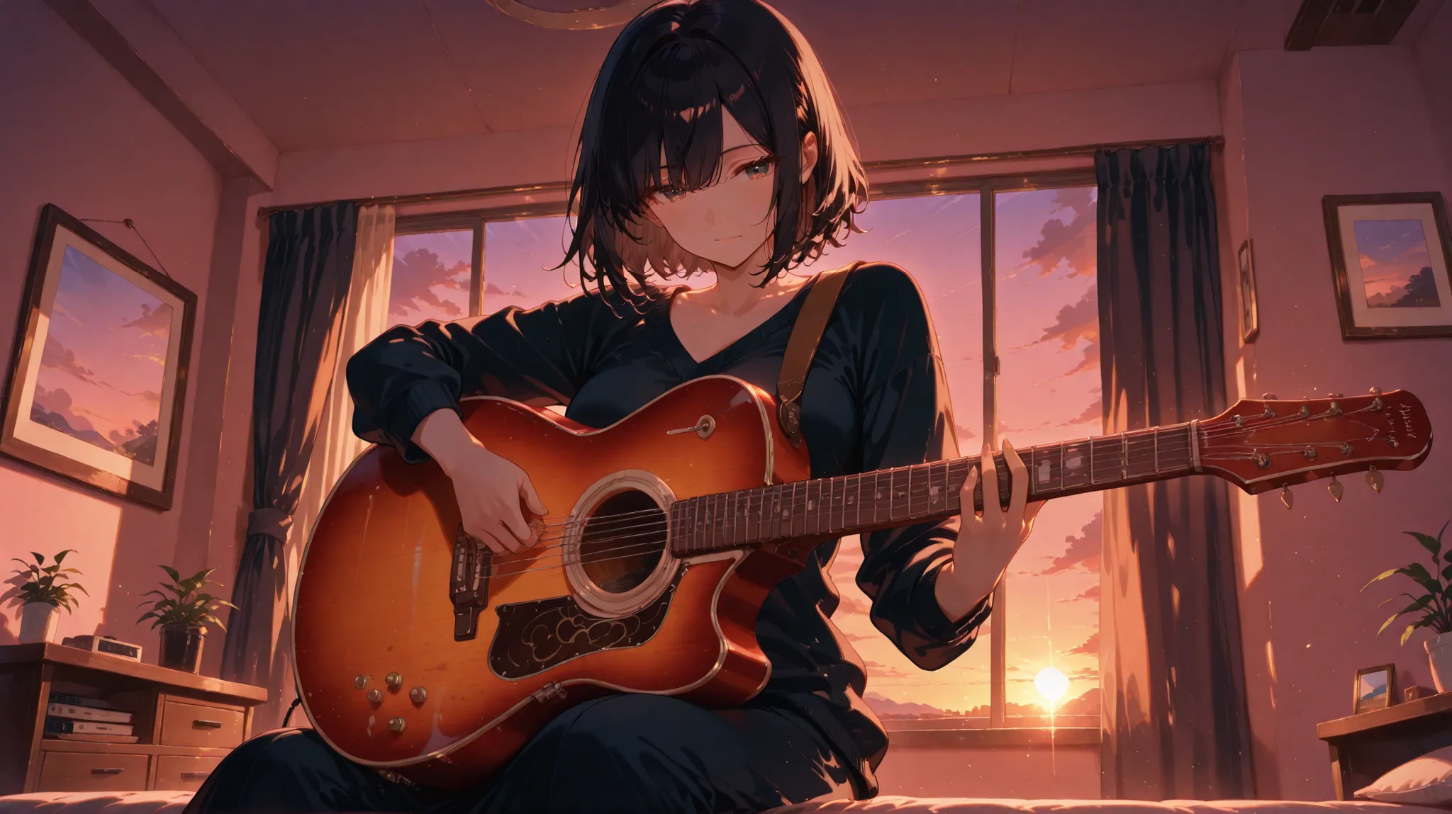 masterpiece,Woman, black hair,playing guitar,sitting,room,evening,cowboy shot,looking viewer,from avobe,anime,高精細