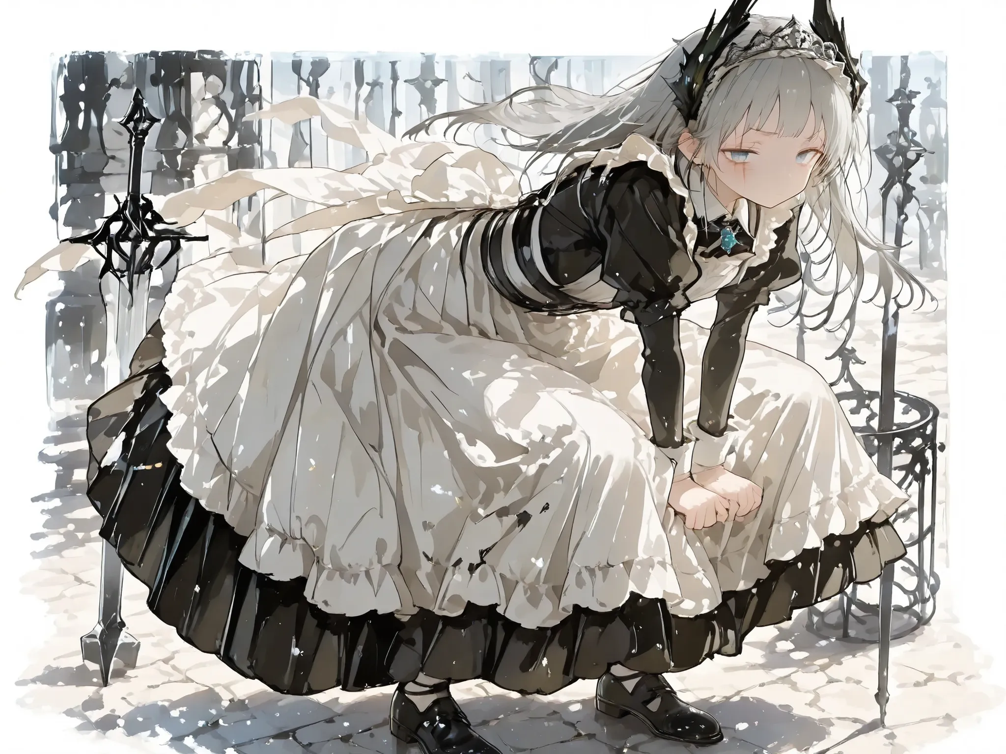 Super Detailed,(best quality),((masterpiece)),(high resolution),original,extremely,irene,1girl,(\Alini\),(\arknight\),Gray long hair,(has a vertical scar on the left eye)+(Scar ),Baby fat face,traditional English maid costume,Maid Uniform,black long skirt,...
