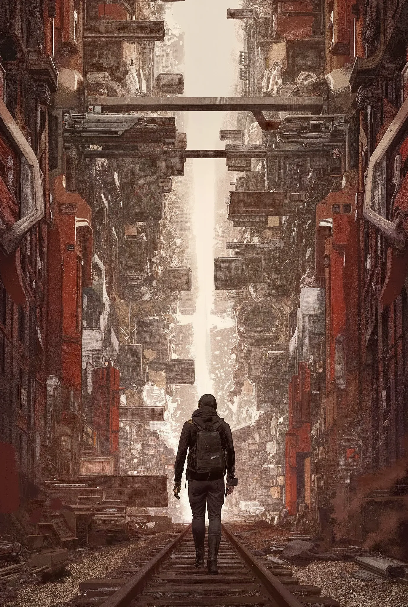 Desolate futuristic city street at sunset. A lone figure, a person of indeterminate age and ethnicity, walks down a deserted train track. The figure wears a dark hooded jacket and dark pants, possibly tactical clothing. Their expression is one of quiet ...