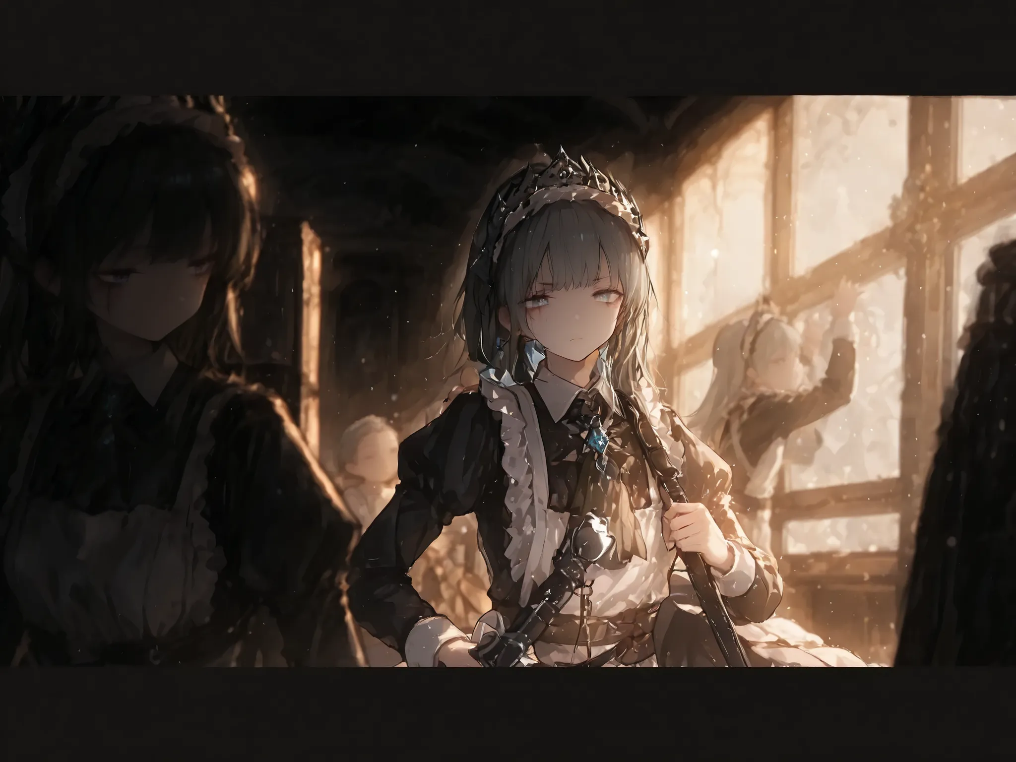 Super Detailed,(best quality),((masterpiece)),(high resolution),original,extremely,irene,1girl,(\Alini\),(\arknight\),Gray long hair,(There is a vertical scar on the left eye)+(Scar ),Baby fat face,traditional English maid costume,Maid Uniform,black long s...