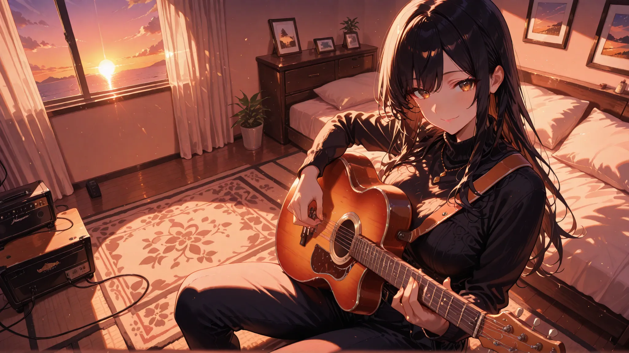masterpiece,Woman,smile, black long hair,playing guitar,sitting,room,evening,cowboy shot,looking viewer,high angle,anime,高精細