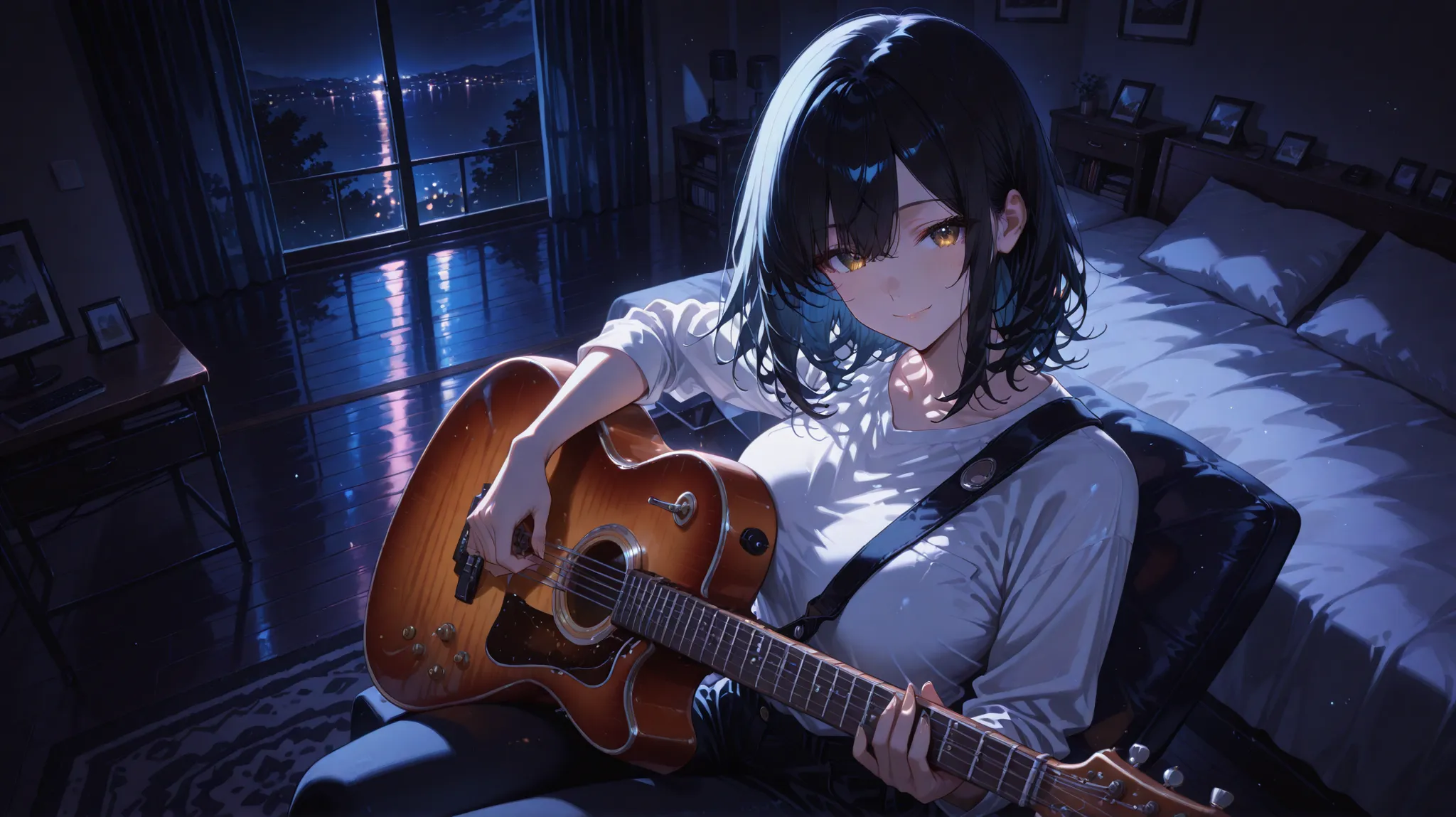 masterpiece,Woman,smile, black medium hair,white shirt,playing guitar,sitting,room,night,cowboy shot,looking viewer,high angle,anime,高精細