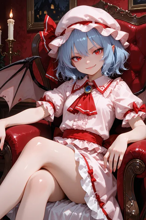 1girl, Remilia Scarlet, red eyes, blue hair, short hair, red eyes, blue hair, short hair, hat, ribbon, wings, ascot, hat ribbon, bat wings, short sleeves, frills, puffy sleeves,home, in the living room, sitting in the armchair, legs crossed, candlelight, p...