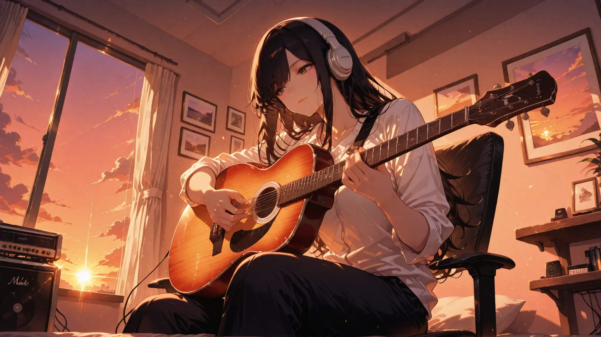 masterpiece,lady,black long hair,white shirt,headphone,make music,playing guitar,sitting,room,sunset,cowboy shot,from below,anime