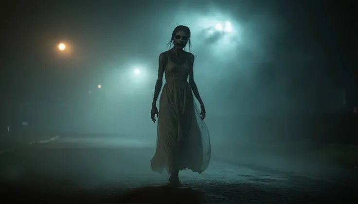 A young woman in a white dress, With a scary face, stands on the side of a road with only streetlights on a foggy night road.