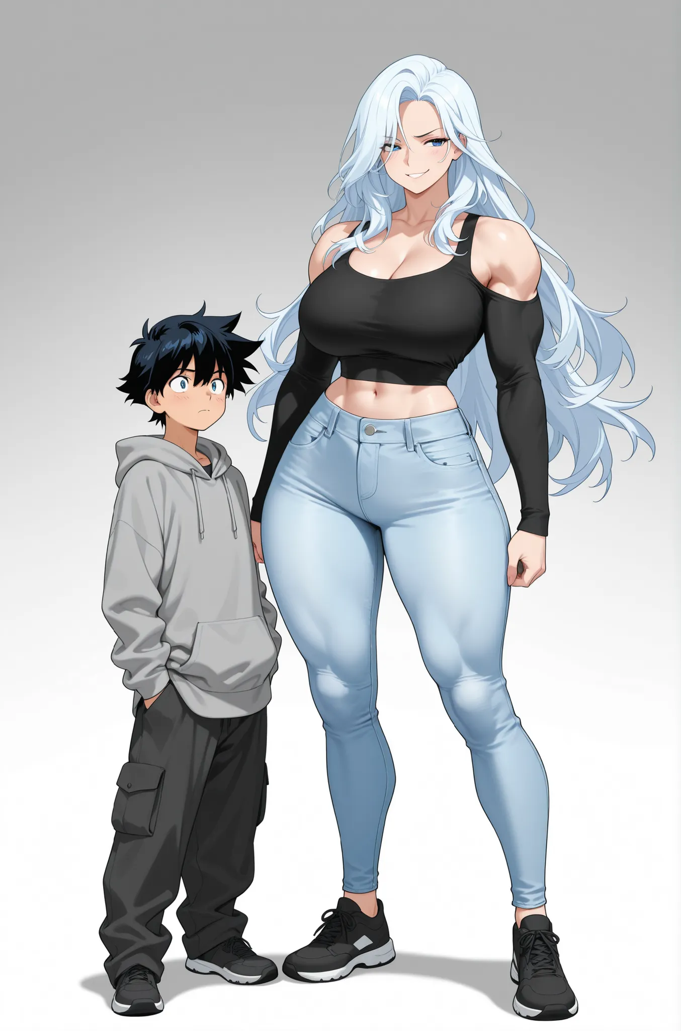 Anime-style full-body artwork of two characters standing side by side. The taller character is a curvy, voluptuous woman with a narrow waist, large chest, and wide hips, matching the exact proportions of a stylized female figure with exaggerated height (ab...