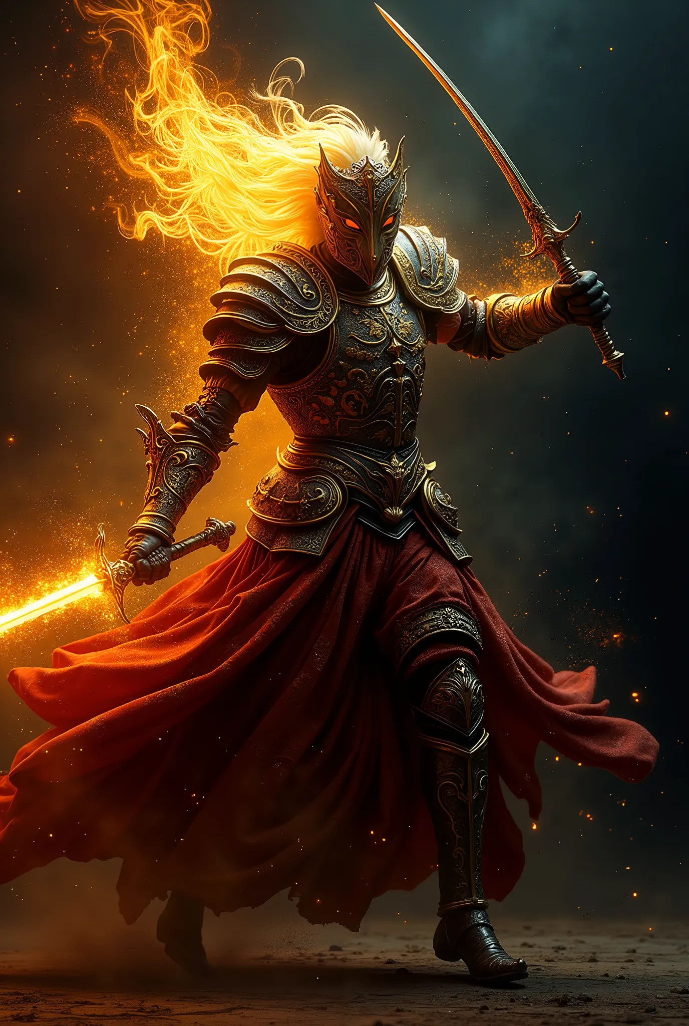 2. **lights, BAROQUE duelist**
* **STYLE INCARNATION:** baroque (drama, high-contrast light/shadow, movement, ornate detail, emotion ).
* **description:** Этот воин воплощает в себе dramaтическое действие. He wears an ornate, the swirling ...