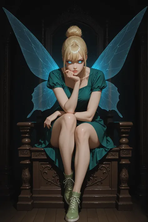 (Masterpiece, absurdres, newest, topquality) 1boy, solo, Tink, blonde hair, single hair bun, blue eyes, fairy wings, green dress, green footwear, dynamic background, looking at viewer, villain expression, dynamic pose, glowing eyes, the best wallpaper ever...
