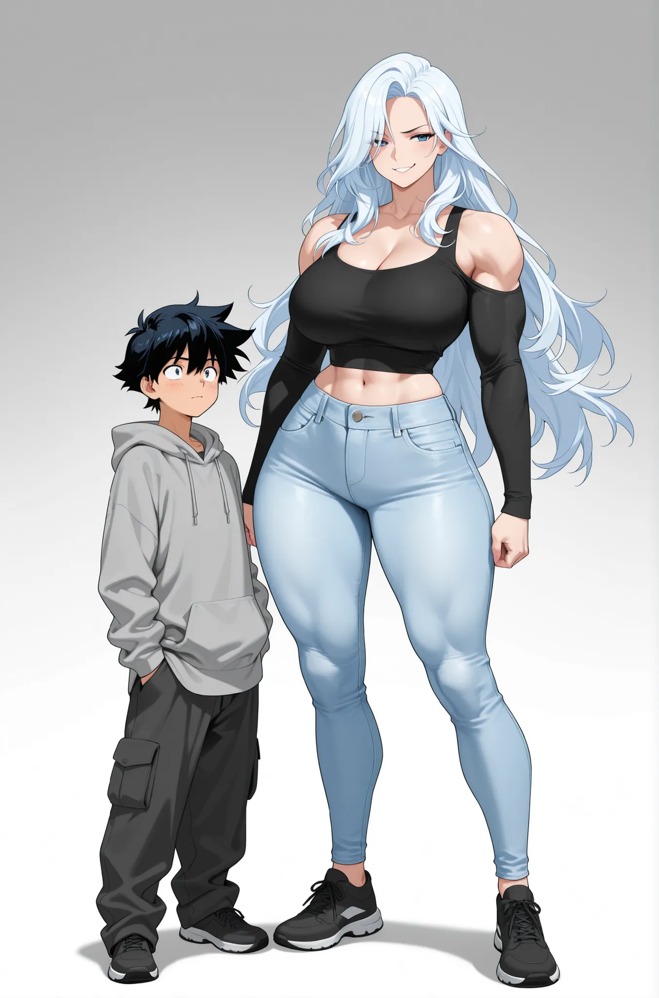 Anime-style full-body artwork of two characters standing side by side. The taller character is a curvy, voluptuous woman with a narrow waist, large chest, and wide hips, matching the exact proportions of a stylized female figure with exaggerated height (ab...