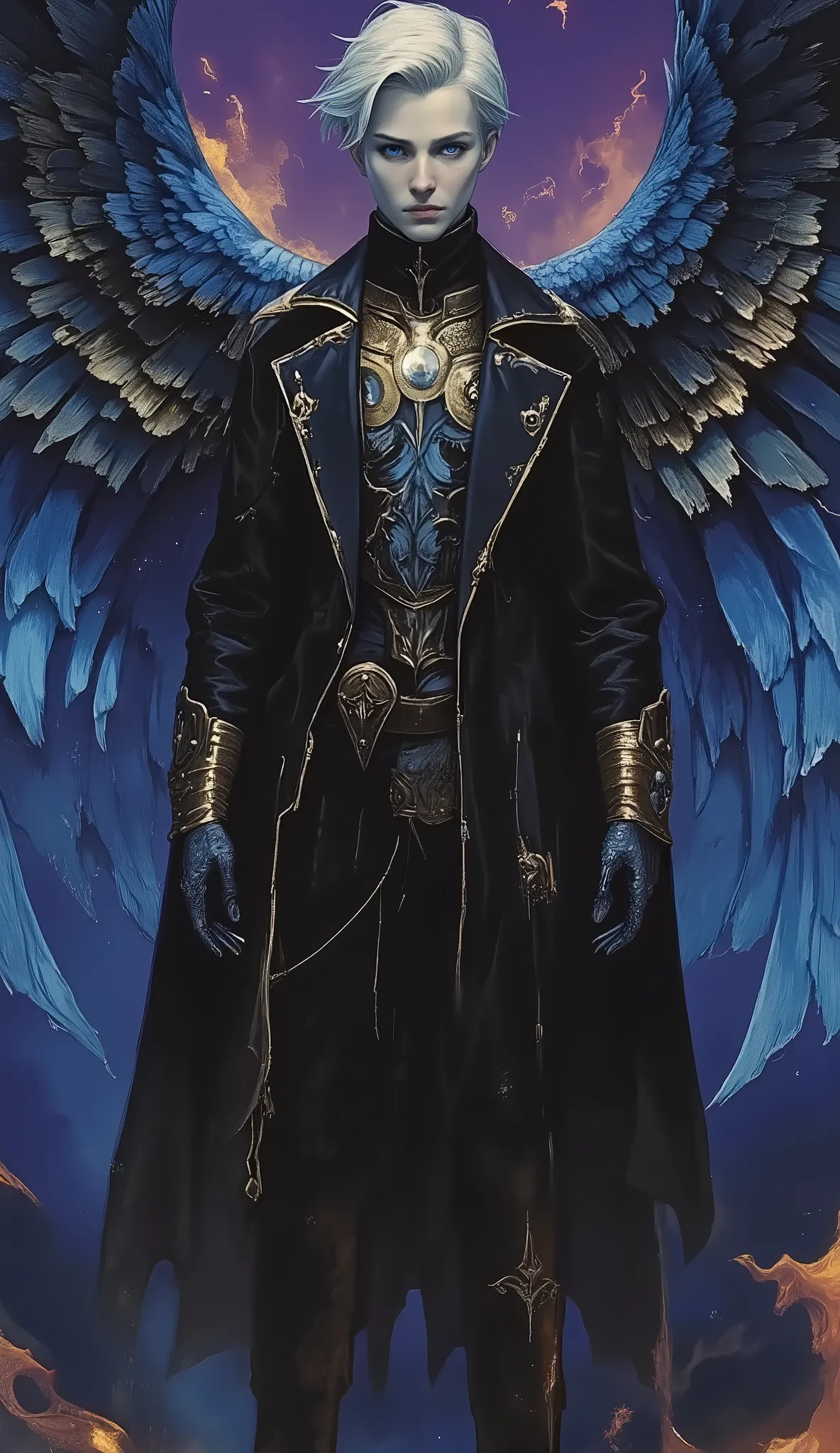  Cinematic hyper real dark theme dark fantasy, horror art, body shot of a confident 38 year old man with short, white hair and bright blue eyes behind sharp aquiline facial features. He is impeccably dressed in a sleek, black, high-collared coat and tailor...