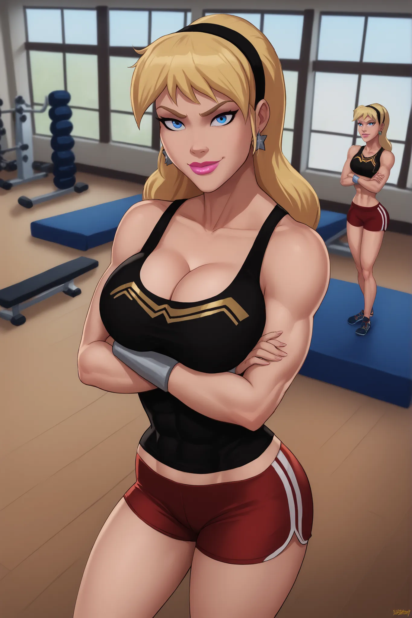 safe_pos, PonyXLV6_Scores BREAK (((parody style, parody:1.2)), perfect anatomy, cowboy shot) 1girl, blonde hair, blue eyes, ((looking at viewer)), hairband, star earrings, cleavage, curvy, athletic, indoors, black sports bra, red workout shorts, large brea...