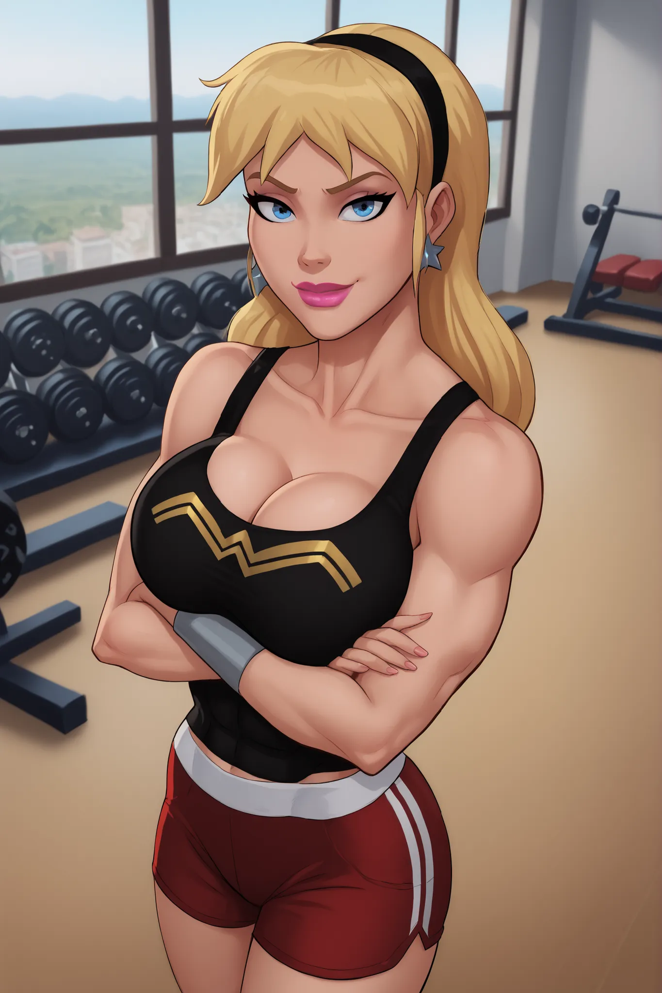 safe_pos, PonyXLV6_Scores BREAK (((parody style, parody:1.2)), perfect anatomy, cowboy shot) 1girl, blonde hair, blue eyes, ((looking at viewer)), hairband, star earrings, cleavage, curvy, athletic, indoors, black sports bra, red workout shorts, large brea...