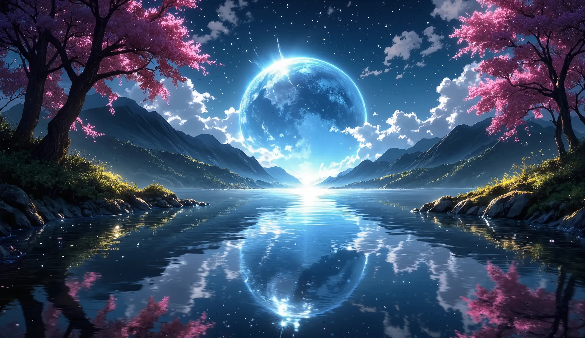 masterpiece, a very beautiful dimensional portal, A large ocean, a large cherry blossom forest, many clouds everywhere, a planet in the sky and stars, The sky color night very beautiful, un portal dimensional muy detailed, beautiful cherry blossom forest o...