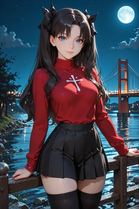 1girl, Tohsaka Rin, black hair, long hair, blue eyes, two side up, bangs, hair ribbon, parted bangs, medium breasts, black hair ribbon, pullover, turtleneck, center chest emblem, red pullover, black skirt, pleated skirt, black thighhighs, outdoors, night, ...