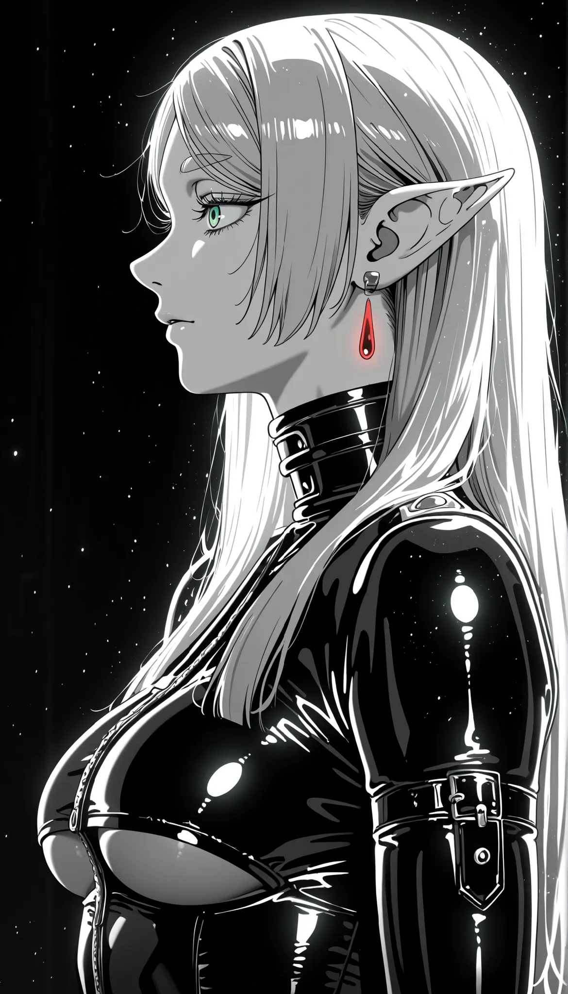 frieren de Frieren ,blurred background,profile,eyelashes,super detailed green eyes,super detailed green eye earrings,In the heights, Photorealistic, detailed mosos eyes, detailed leather, detailed hair, volumetric lighting, Extremely detailed dapple, light...
