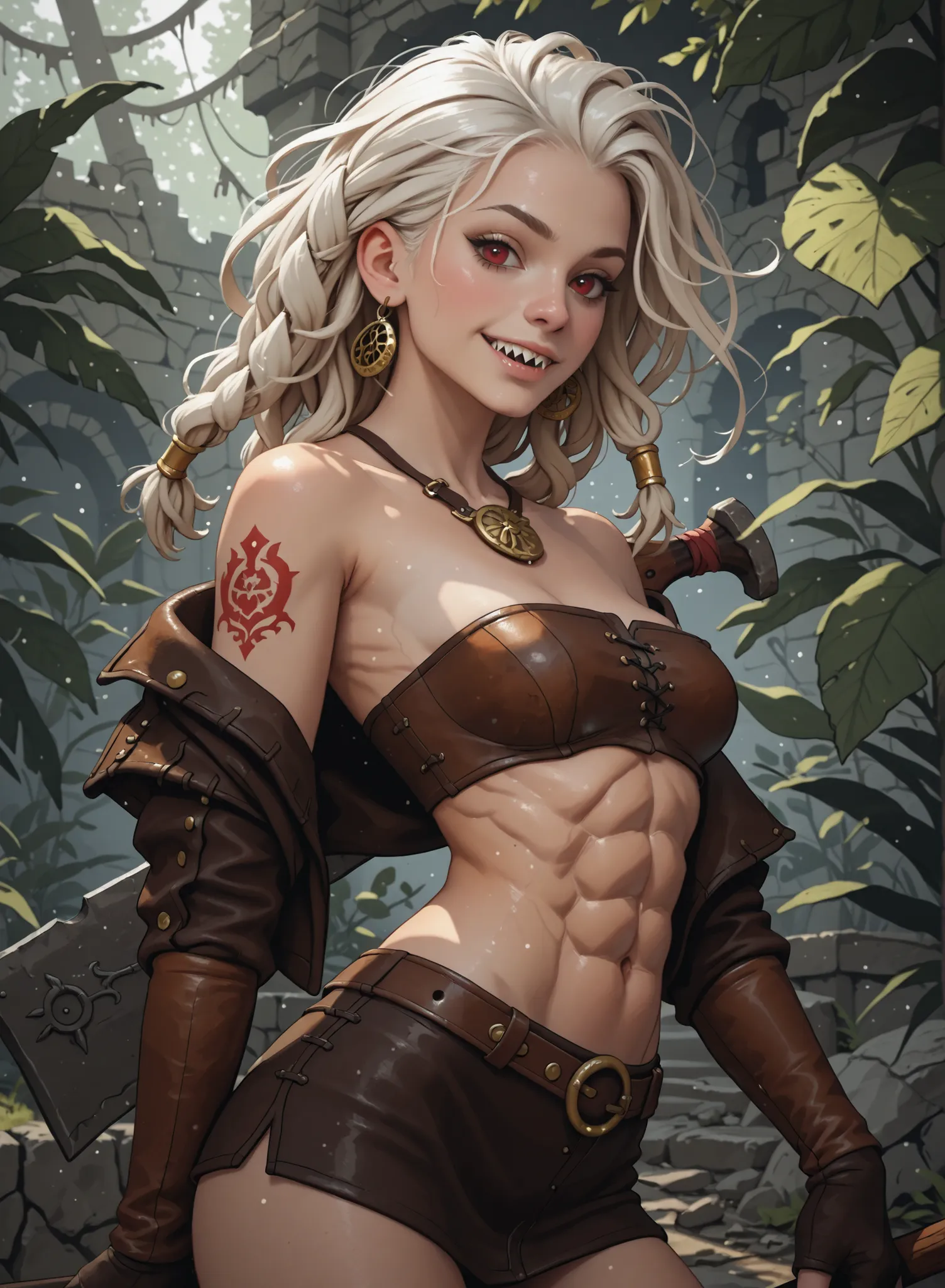 Slender body. White skin. Cute 18-year-old Asian girl with Asian red eyes and sharp teeth and dreadlocks with white highlights. She has a cute and beautiful face. She has a round and young face with a pointy chin. Her body is athletic with abs. She wears m...