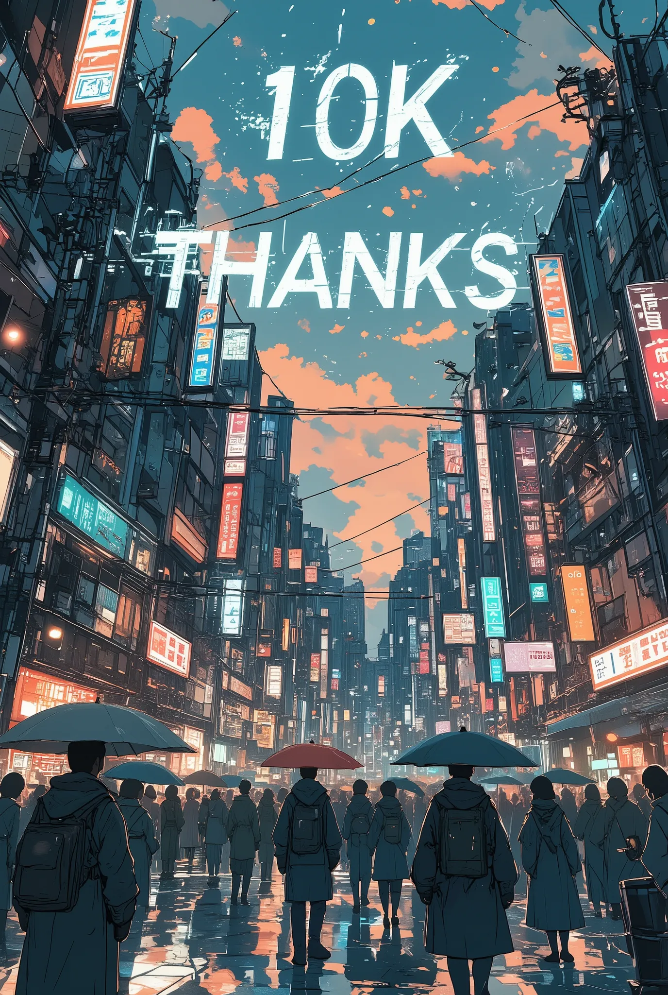 photo-realistic cinematic scene, a bustling city street at dusk, crowds of people walking with umbrellas and neon lights glowing, but in the sky above, a glitched holographic message "10K THANKS" floats in fragments, flickering softly, no one in the crowd ...
