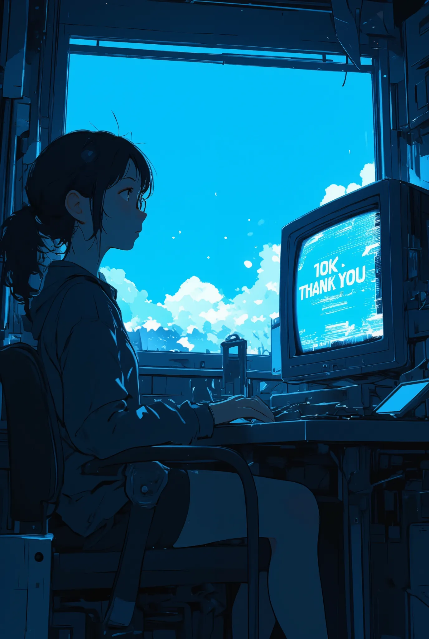 photo-realistic cinematic scene, a young woman with glasses sitting alone in a dimly lit room, staring at an old CRT monitor on her desk, the monitor glitches and displays the message "10K THANK YOU" over a bright blue sky background, faint digital noise f...
