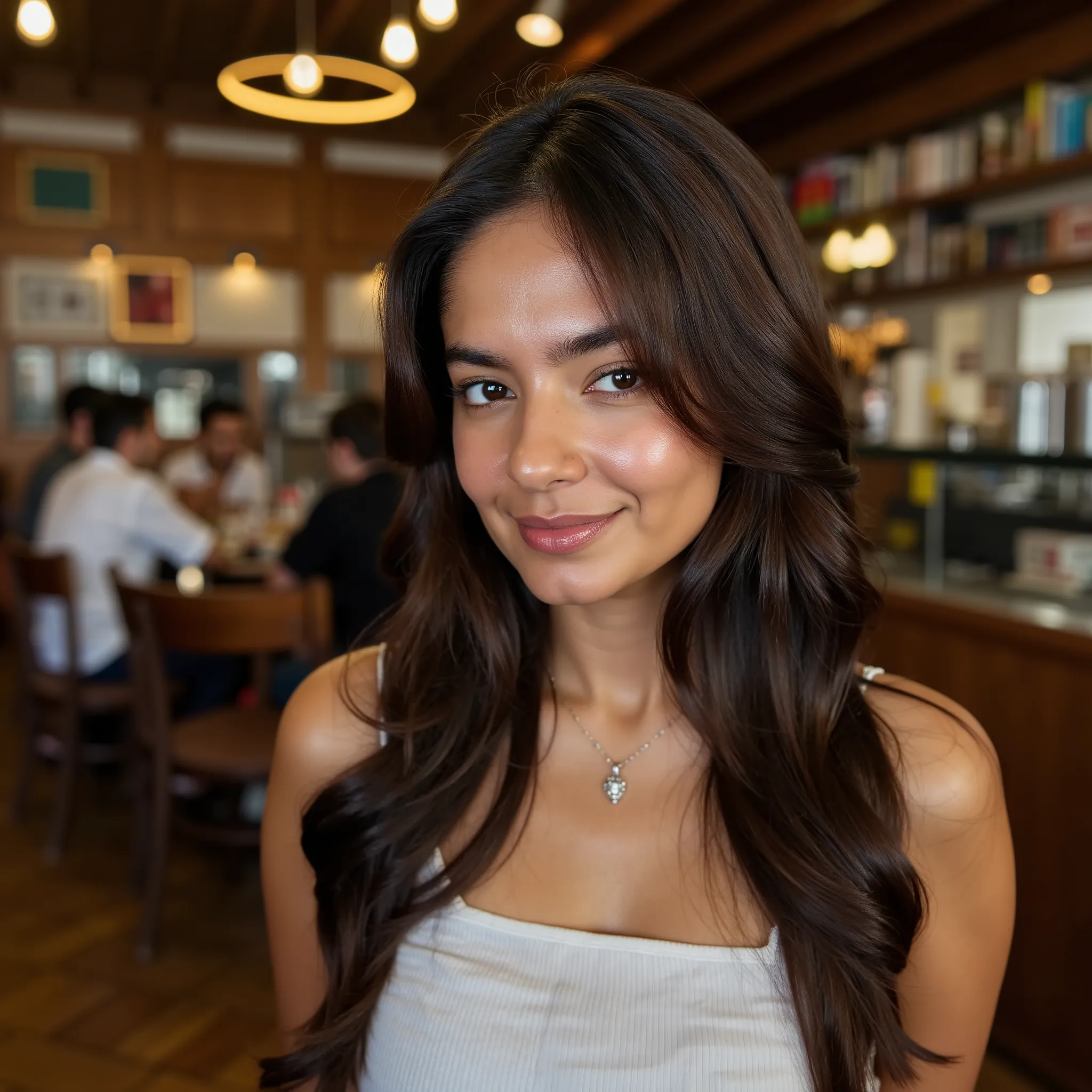 A close-up shot of a woman with long dark brown hair standing, bare skin in nicely and cozy lit cafe. Her eyes are wide open looking into the camera. and the woman's hair cascades over her shoulders,adahs,anushkas, 