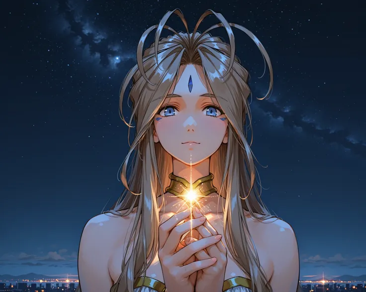 First-person view, falling through the sky, looking upward. A small ((digital tablet)) is floating independently in the air, not being held or touched. ((Belldandy from "Ah! My Goddess")) is (emerging through the screen), half her body coming out of the gl...