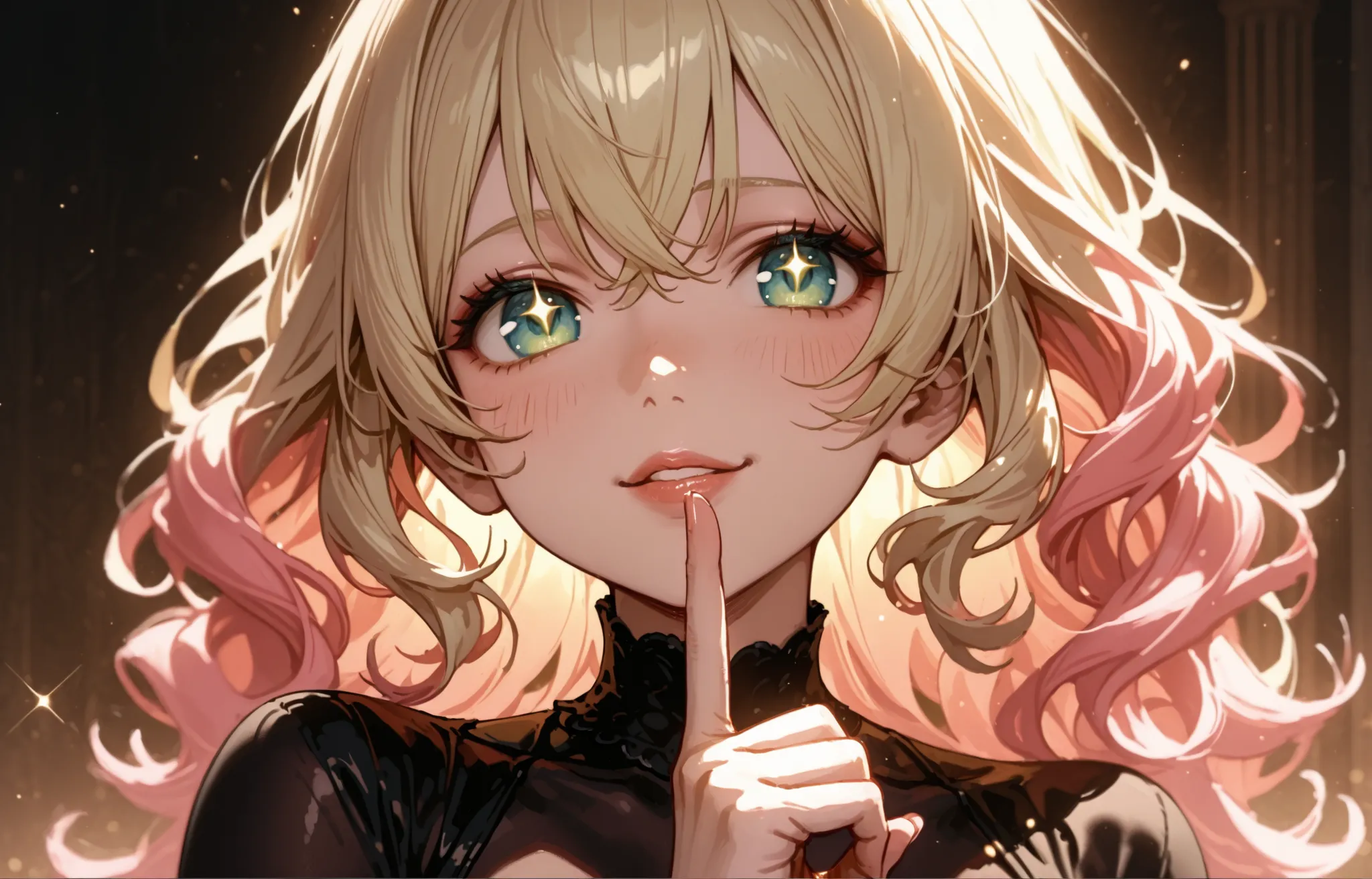1girl, she has five fingers with her right hand, right index finger lightly resting on her lips in a "shh" gesture.