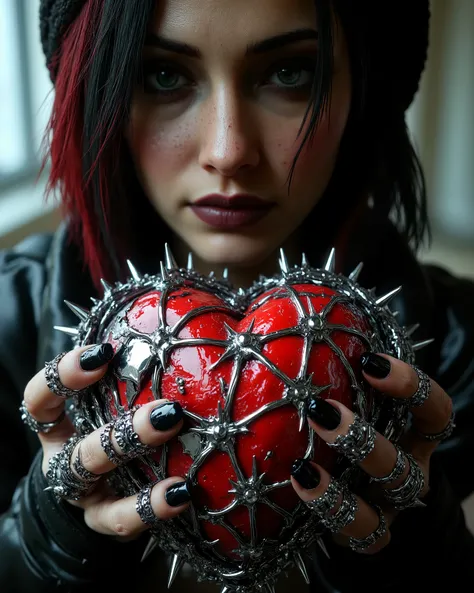 A Close-up of the Heart Of Thorns, Jim Burns punk style, Russian model shows us her barbed heart with hundreds of steel thorns, has chrome pieces inside and the pain it causes is unbearable