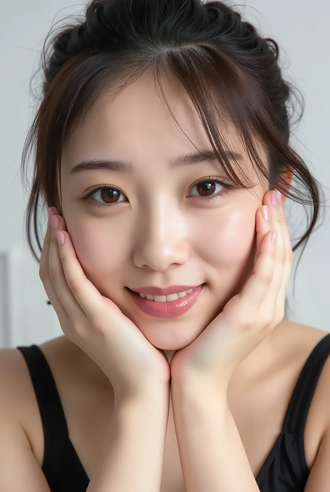 extreme ultra close-up portrait of an adorably beautiful young Japanese woman in her early twenties, photorealistic DSLR macro shot, her whole face fully visible, framed tightly from clavicle up, hands gently curled and placed under her chin in a soft, aff...