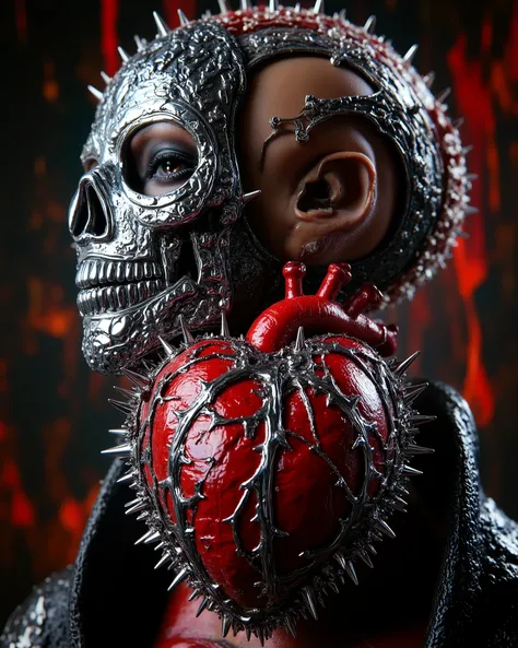A Close-up of the Heart Of Thorns, Jim Burns punk style, Russian model with her hidden face with a chrome mask, shows us her barbed heart with hundreds of steel thorns, design has chrome pieces inside., The masterpiece of the