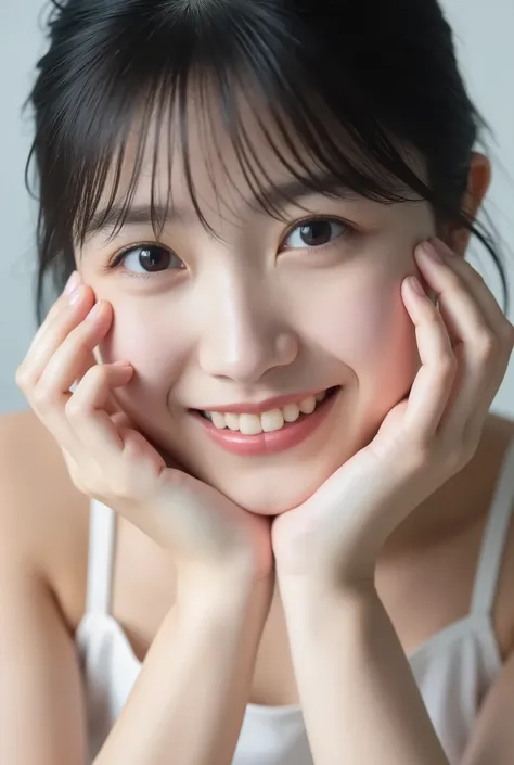 extreme ultra close-up portrait of an adorably beautiful young Japanese woman in her early twenties, photorealistic DSLR macro shot, her whole face fully visible, framed tightly from clavicle up, hands gently curled and placed under her chin in a soft, aff...