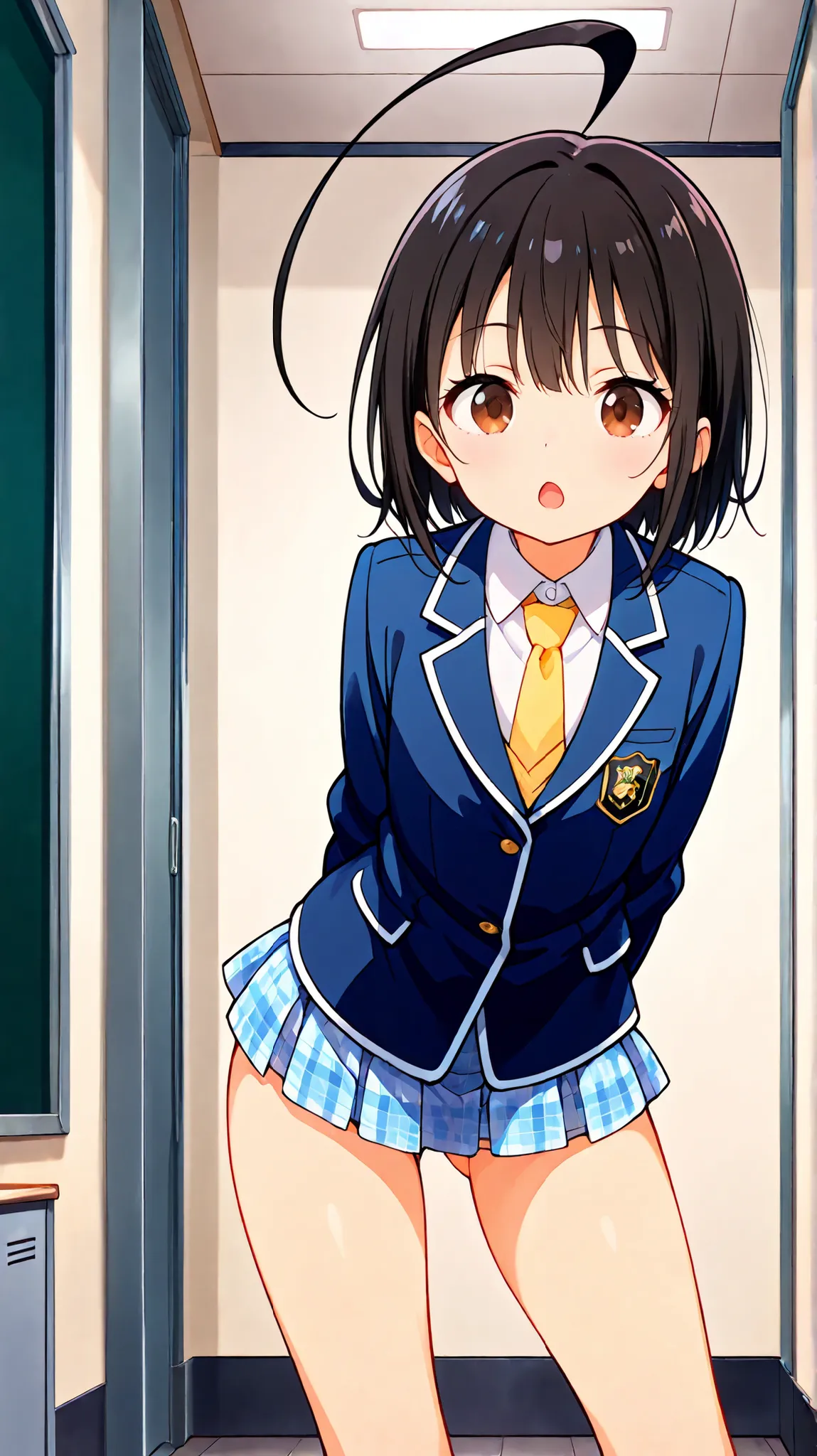 nsfw,((anime style)),score_9, score_8_up, score_7_up,masterpiece, best quality,ultra detail,,huge ahoge, negishi masako , 1girl , ((((((solo)))))),short hair,black hair ,long bangs,brown eyes,(Flat Chest),school uniform,(((blue blazer))),light blue checker...