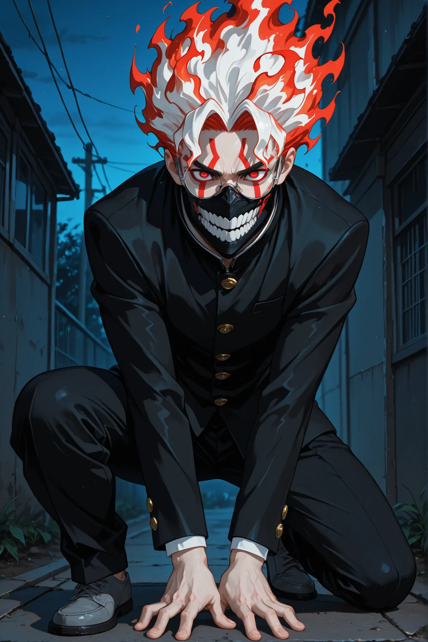 1boy, Takakura Ken (Oakarun), transformation, white hair, red hair, fiery hair, multicolored hair, round eyewear, red eyes, facial mark, jaw mask, teeth, school uniform, gakuran, long sleeves, black pants, grey footwear, outdoors, front of school, night, d...