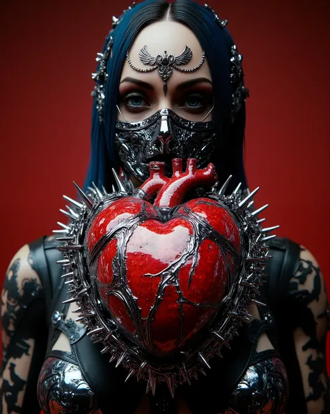 A Close-up of the Heart Of Thorns, Jim Burns punk style, Russian model with her hidden face with a chrome mask, shows us her barbed heart with hundreds of steel thorns, design has chrome pieces inside., The masterpiece of the