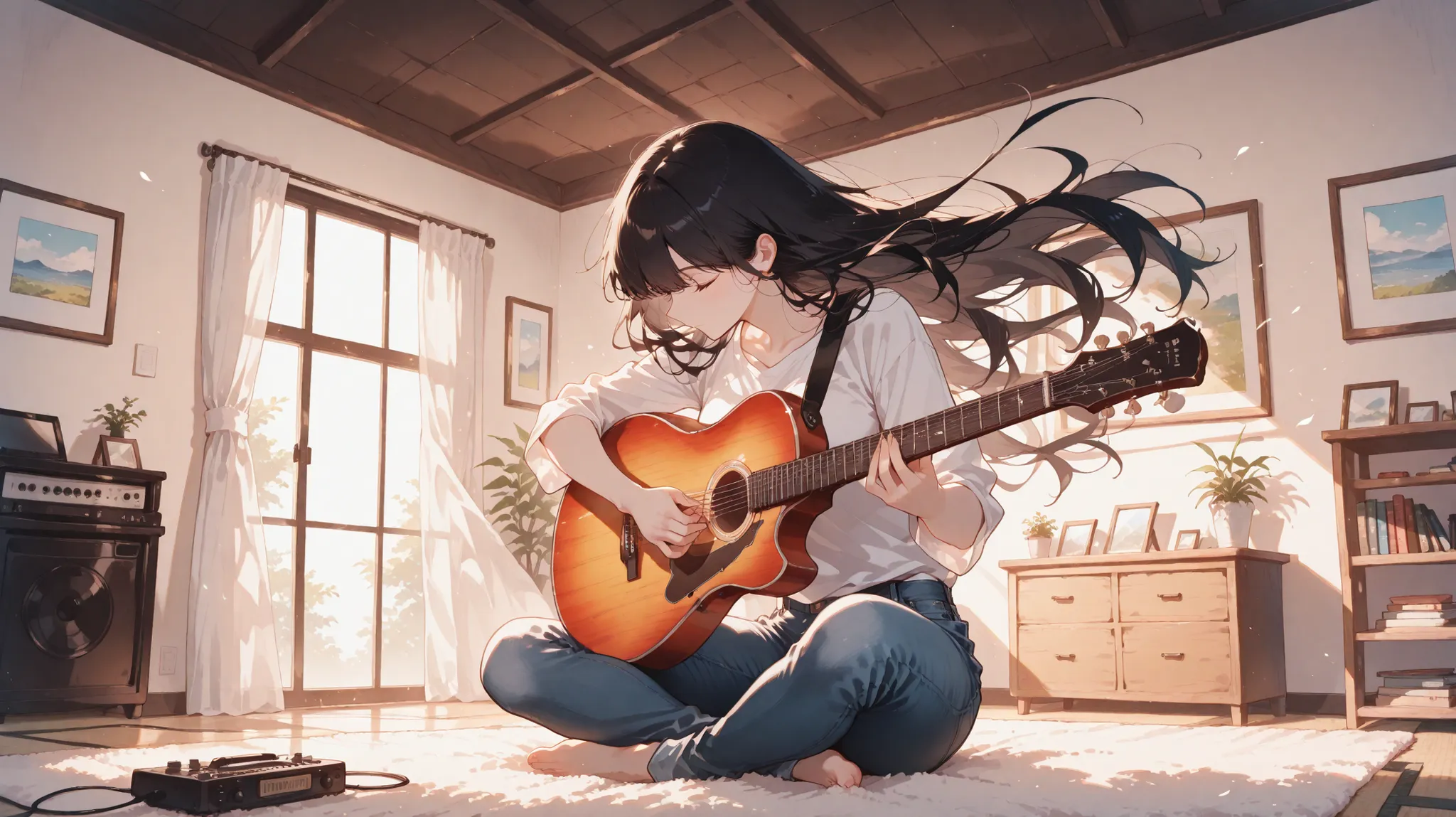 masterpiece,Woman, black straight hair,flowing hair, wind,t,shirt, jeans, playing guitar,sitting,room,anime,高精細