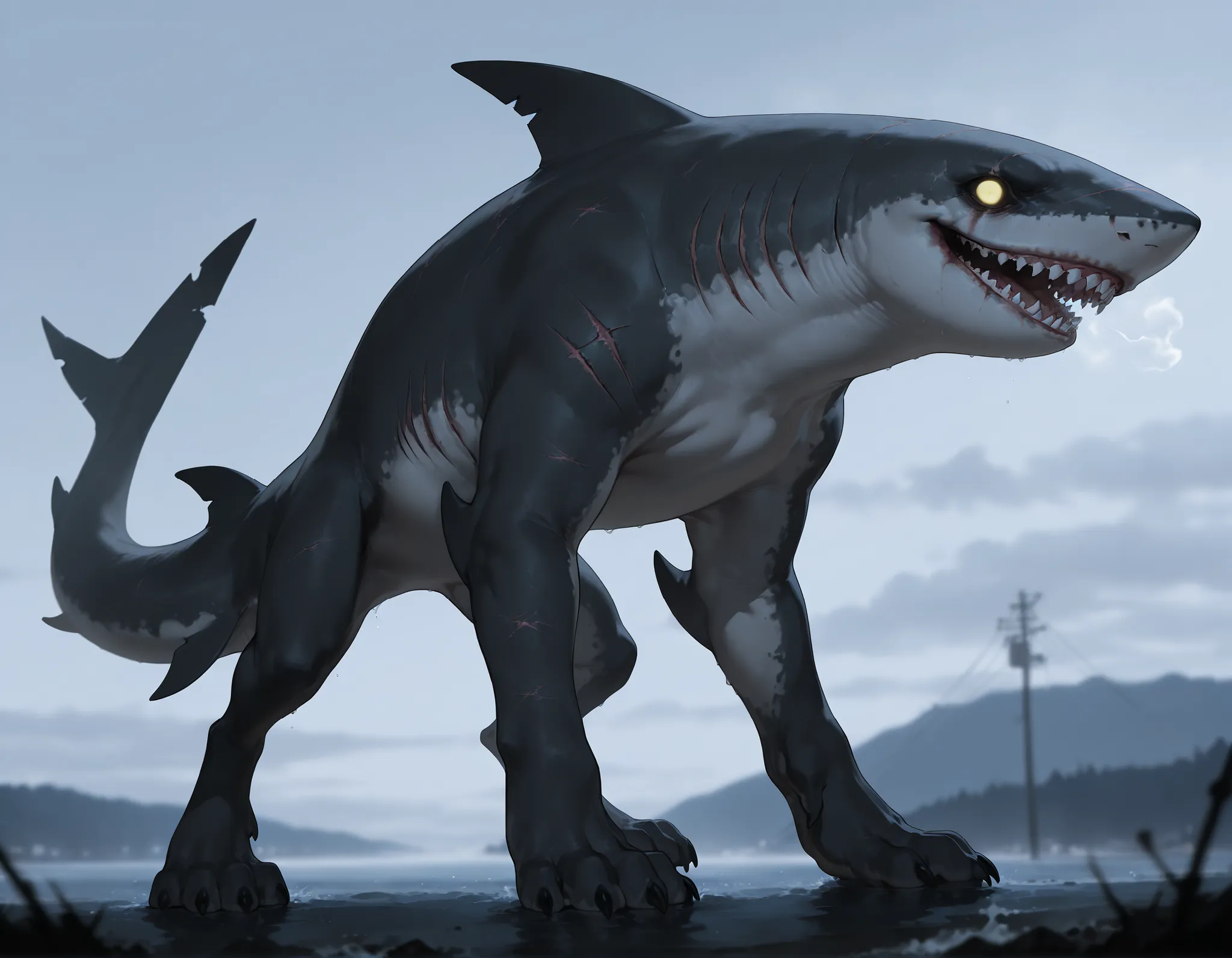 masterpiece, best quality, amazing quality, very aesthetic, absurdres, newest, scenery, extreme detail, 8k, feral, strong body, shark, solo, gray color, empty eyes, yellow eyes, by Riolutiny, scars like stitches, friendly and approachable appearance, with ...