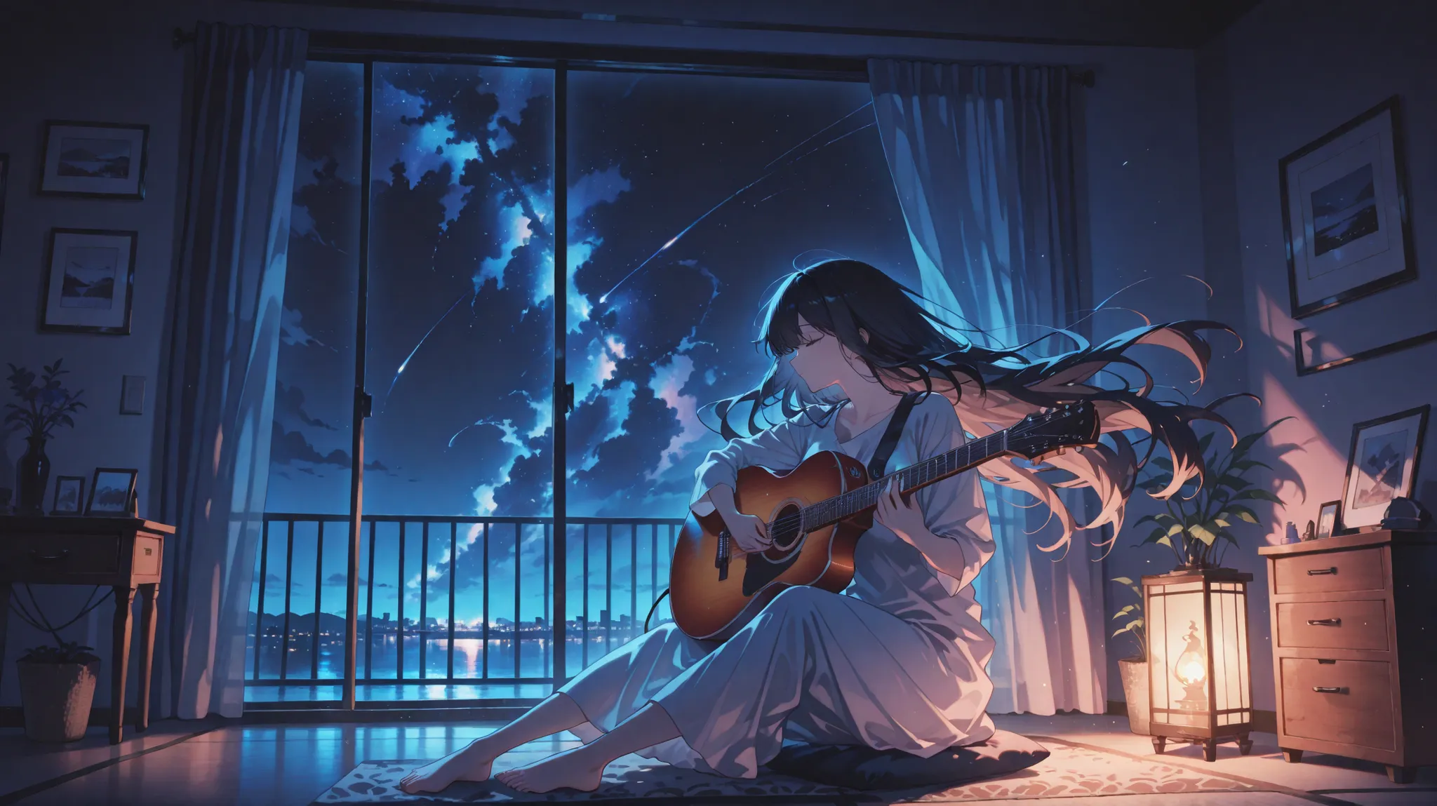 masterpiece,Woman, black straight hair,flowing hair, wind,セーターを着ている、 playing guitar,sitting,room,night,moonshine,anime,高精細