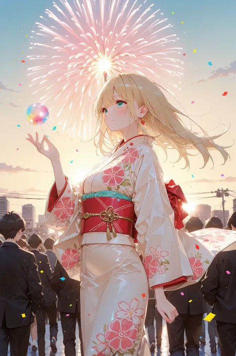 girl 1 person、dynamic 3D composition、aerial perspective、confetti explosion、「2200 congratulations」hologram letter、Futuristic Cityscapes、golden hour lighting、vivid color palette、floating balloons、joyful crowd、Dynamic motion blur、 festive atmosphere、high reso...